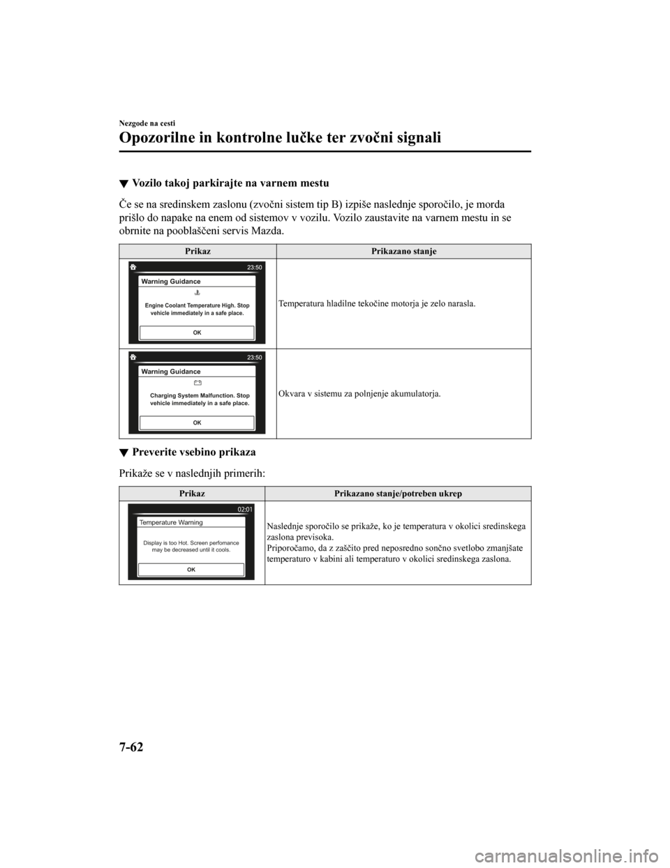 MAZDA MODEL CX-5 2019  Priročnik za lastnika (in Slovenian) Vozilo takoj parkirajte na varnem mestu
Če se na sredinskem zaslonu (zvočni sistem tip B) izpiše naslednje sporočilo, je morda
prišlo do napake na enem od sistemov v vozilu. Vozilo zaustavit e na