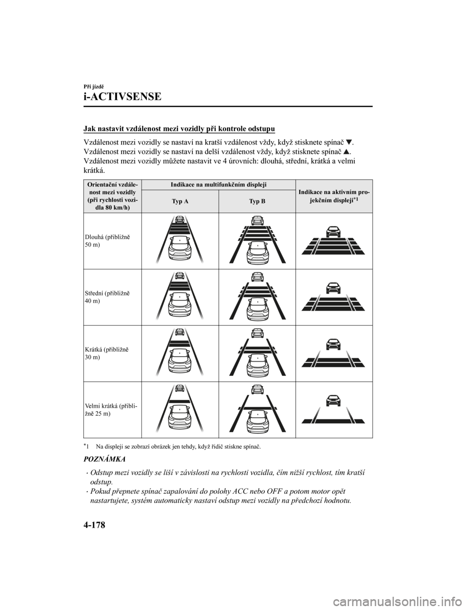 MAZDA MODEL CX-5 2019 Návod k obsluze (in Czech) Jak nastavit vzdálenost mezi vozidly při kontrole odstupu
Vzdálenost mezi vozidly se nastaví na kratší vzdálenost vždy, když stisknete spínač .
Vzdálenost mezi vozidly se nastaví na delš MAZDA MODEL CX-5 2019 Návod k obsluze (in Czech) Jak nastavit vzdálenost mezi vozidly při kontrole odstupu
Vzdálenost mezi vozidly se nastaví na kratší vzdálenost vždy, když stisknete spínač .
Vzdálenost mezi vozidly se nastaví na delš