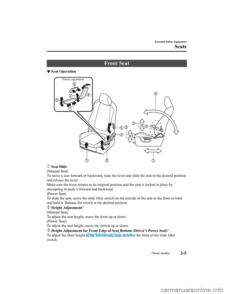 MAZDA MODEL CX-5 2018 Owners Manual (in English) Front Seat
▼Seat Operation
Power operation
Seat Slide
(Manual Seat)
To move a seat forward or backward, raise the lever and slide t he seat to the desired position
and release the lever.
Make sure MAZDA MODEL CX-5 2018 Owners Manual (in English) Front Seat
▼Seat Operation
Power operation
Seat Slide
(Manual Seat)
To move a seat forward or backward, raise the lever and slide t he seat to the desired position
and release the lever.
Make sure