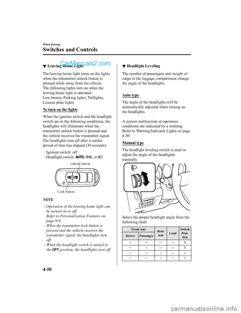 MAZDA MODEL CX-5 2018 Owners Manual (in English) ▼Leaving Home Light
The leaving home light turns on the lights
when the transmitte
r unlock button is
pressed while away from the vehicle.
The following light s turn on when the
leaving home light i MAZDA MODEL CX-5 2018 Owners Manual (in English) ▼Leaving Home Light
The leaving home light turns on the lights
when the transmitte
r unlock button is
pressed while away from the vehicle.
The following light s turn on when the
leaving home light i
