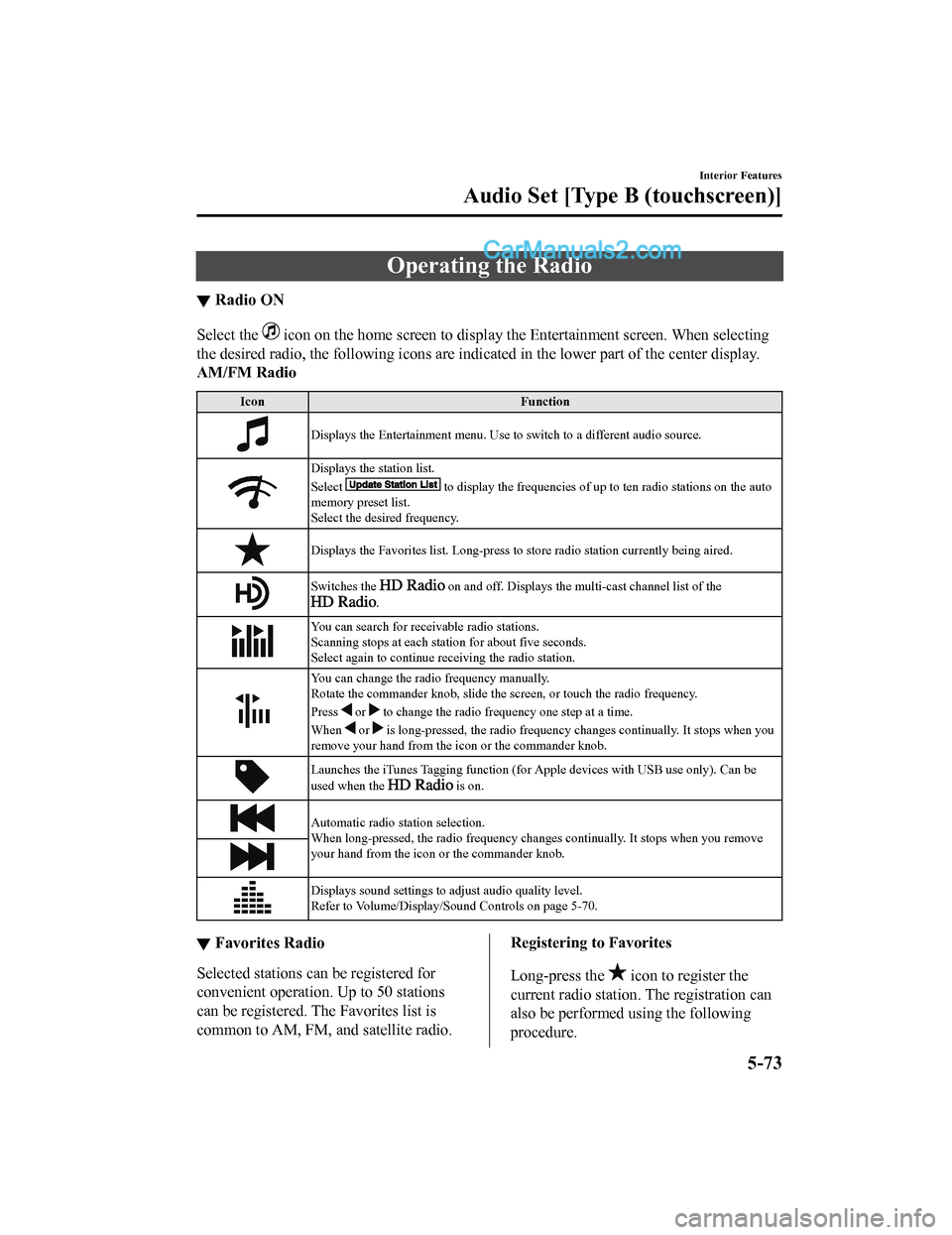 MAZDA MODEL CX-5 2018 Owners Manual (in English) Operating the Radio
▼Radio ON
Select the icon on the home screen to disp
lay the Entertainment screen. When selecting
the desired radio, the following icons are indicated in the low er part of the MAZDA MODEL CX-5 2018 Owners Manual (in English) Operating the Radio
▼Radio ON
Select the icon on the home screen to disp
lay the Entertainment screen. When selecting
the desired radio, the following icons are indicated in the low er part of the