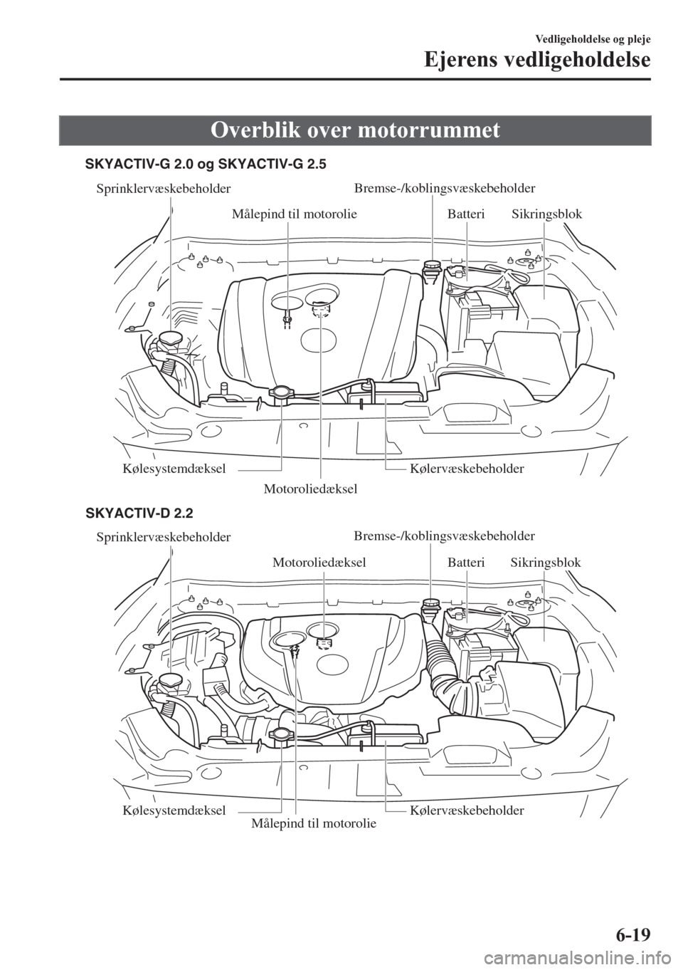 MAZDA MODEL CX-5 2018 Instruktionsbog (in Danish) Overblik over motorrummet
Sprinklervæskebeholder
Motoroliedæksel
Målepind til motorolieBatteri
Kølesystemdæksel Kølervæskebeholder
Sprinklervæskebeholder
MotoroliedækselBremse-/koblingsvæske MAZDA MODEL CX-5 2018 Instruktionsbog (in Danish) Overblik over motorrummet
Sprinklervæskebeholder
Motoroliedæksel
Målepind til motorolieBatteri
Kølesystemdæksel Kølervæskebeholder
Sprinklervæskebeholder
MotoroliedækselBremse-/koblingsvæske
