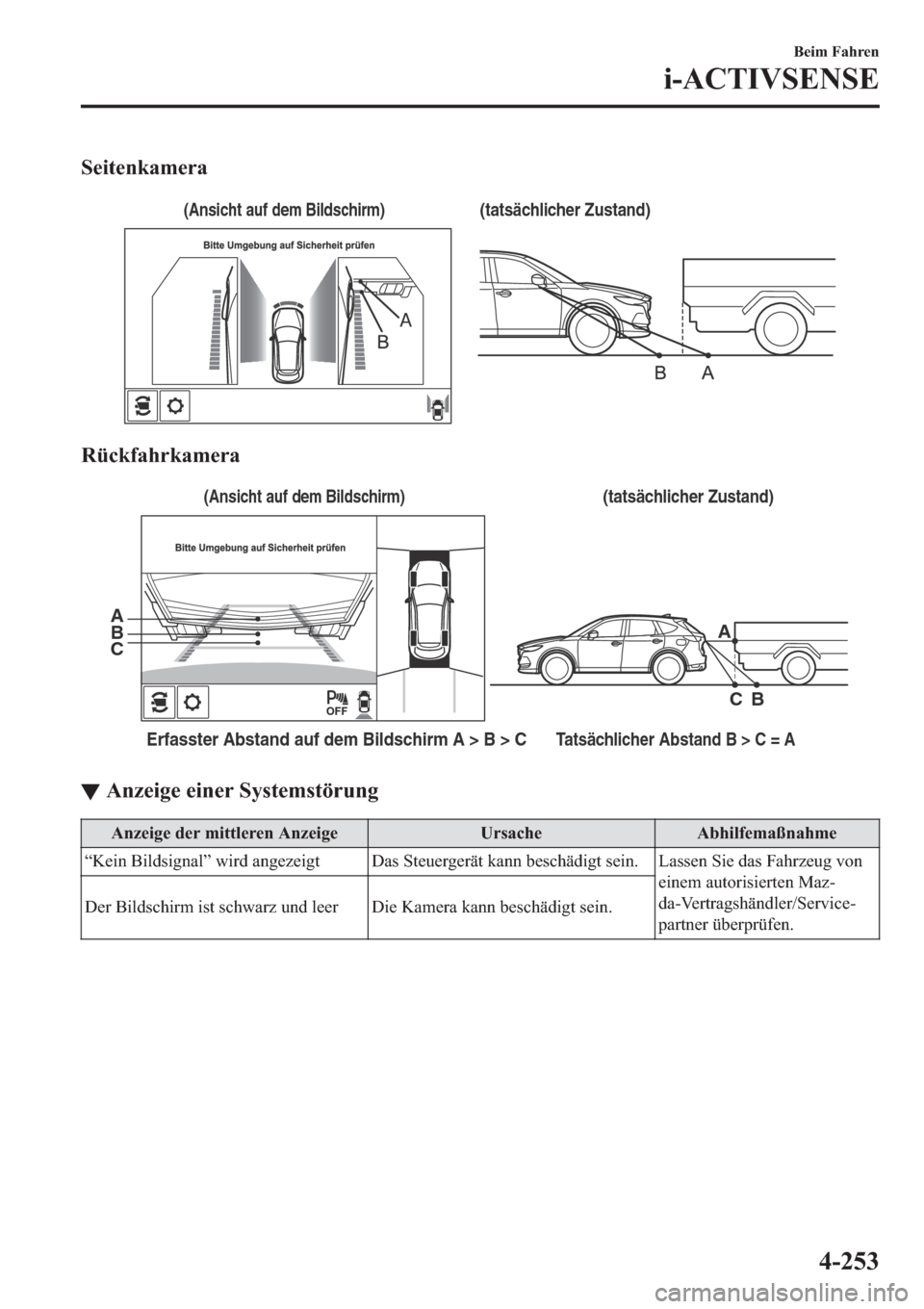 MAZDA MODEL CX-5 2018  Betriebsanleitung (in German) �6�H�L�W�H�Q�N�D�P�H�U�D
(tatsächlicher Zustand)(Ansicht auf dem Bildschirm)
�5�
(tatsächlicher Zustand)
Erfasster Abstand auf dem Bildschirm A > B > CTatsächlicher Abstand B > C = A
A A
B B
C C
(A