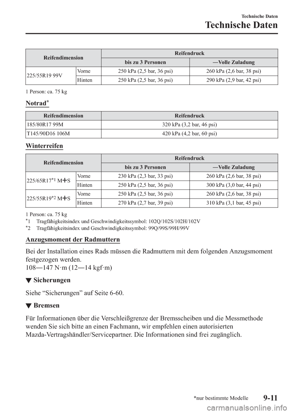 MAZDA MODEL CX-5 2018  Betriebsanleitung (in German) �5�H�L�I�H�Q�G�L�P�H�Q�V�L�R�Q�5�H�L�I�H�Q�G�U�X�F�N
�E�L�V��]�X����3�H�U�V�R�Q�H�Q 