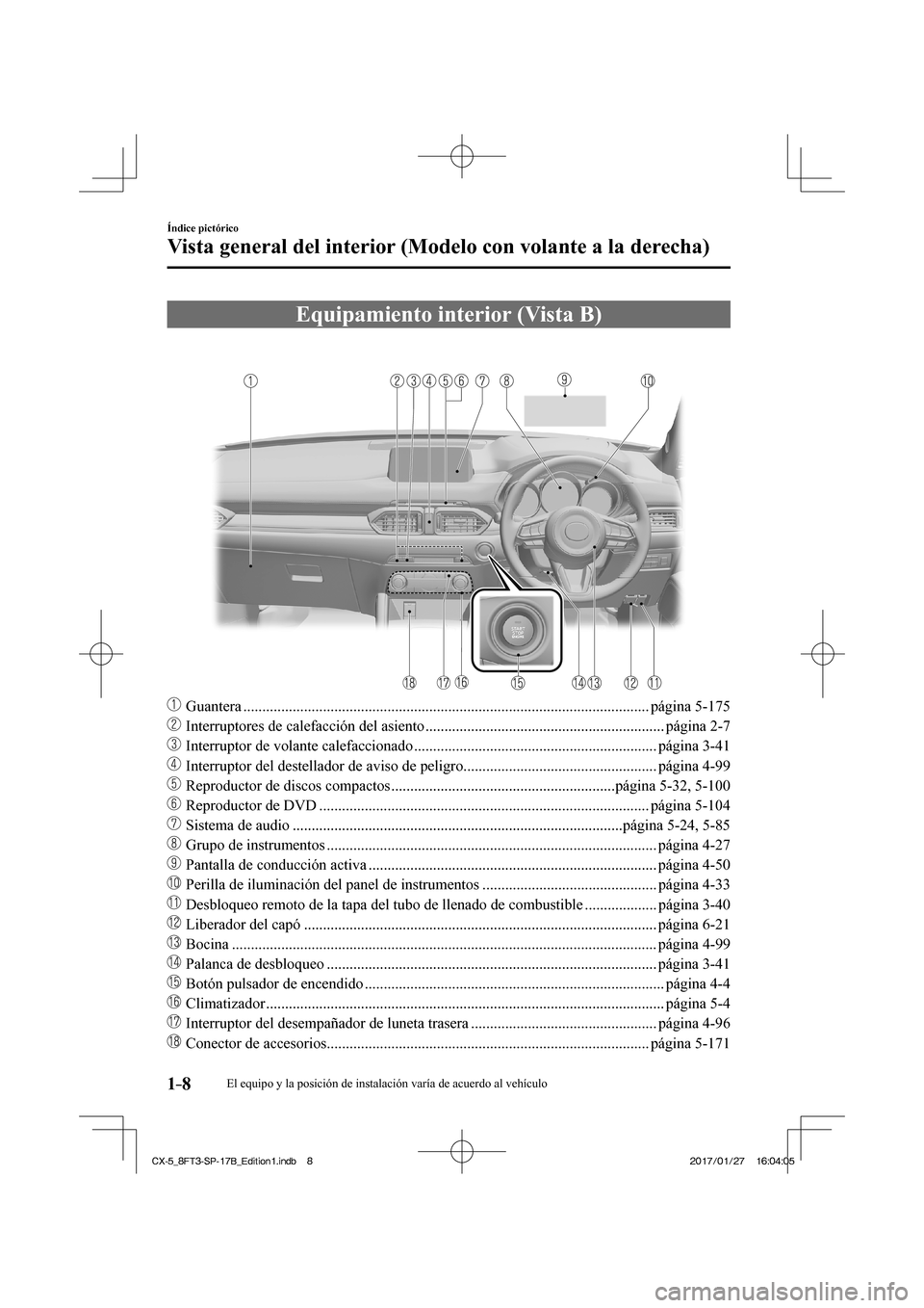 MAZDA MODEL CX-5 2018  Manual del propietario (in Spanish) 1–8
Índice pictórico
Vista general del interior (Modelo con volante a la derecha)
 Equipamiento interior (Vista B)
    
���
 Guantera ...........................................................
