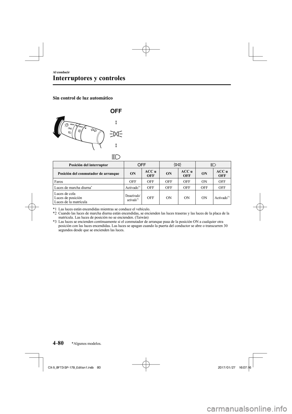 MAZDA MODEL CX-5 2018  Manual del propietario (in Spanish) 4–80
Al conducir
Interruptores y controles
*Algunos modelos.
   Sin control de luz automático 
  
 
 
 Posición del interruptor        
 Posición del conmutador de arranque    ON    ACC  u 
 OFF 
