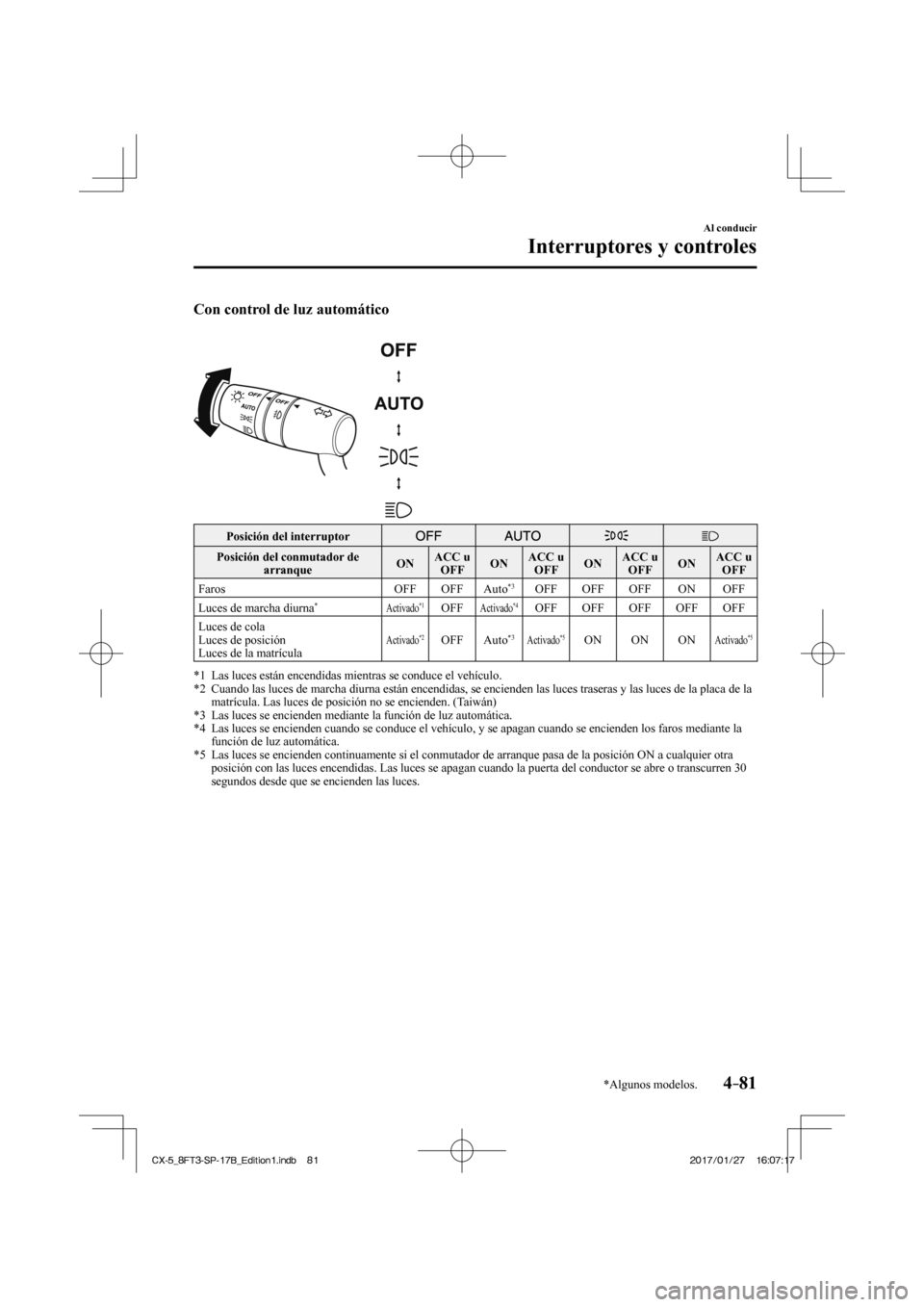 MAZDA MODEL CX-5 2018  Manual del propietario (in Spanish) 4–81
Al conducir
Interruptores y controles
*Algunos modelos.
   Con control de luz automático 
  
 
 
 Posición del interruptor         
 Posición del conmutador de  arranque    ON   ACC  u 
 OFF