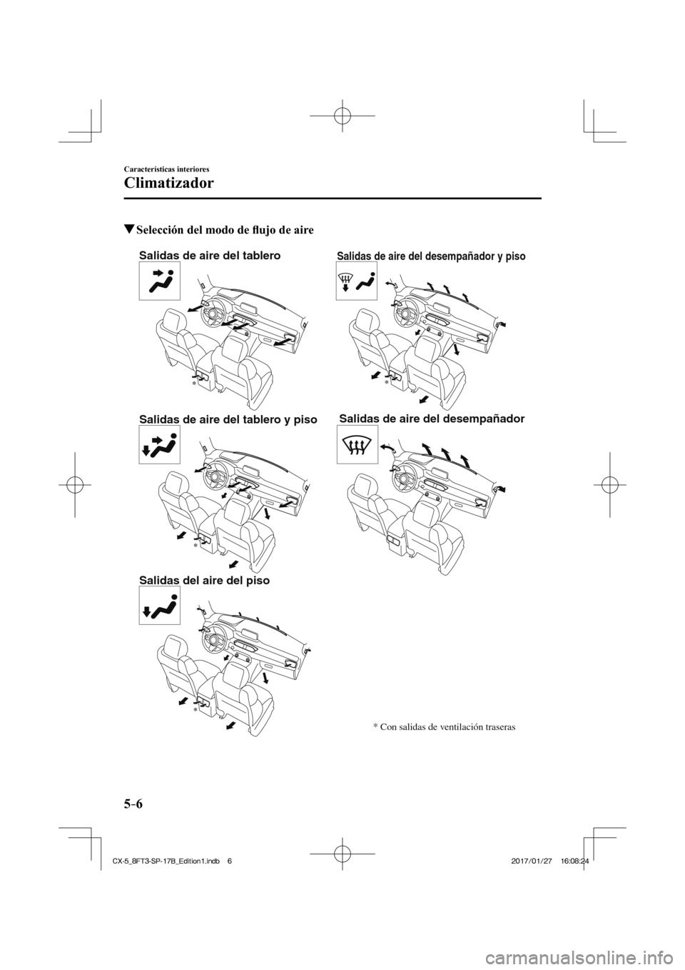MAZDA MODEL CX-5 2018 Manual del propietario (in Spanish) 5–6
Características interiores
Climatizador
Selección del modo de fl ujo de aire
Salidas de aire del tablero
Salidas de aire del tablero y piso
Salidas del aire del pisoSalidas de a MAZDA MODEL CX-5 2018 Manual del propietario (in Spanish) 5–6
Características interiores
Climatizador
Selección del modo de fl ujo de aire
Salidas de aire del tablero
Salidas de aire del tablero y piso
Salidas del aire del pisoSalidas de a