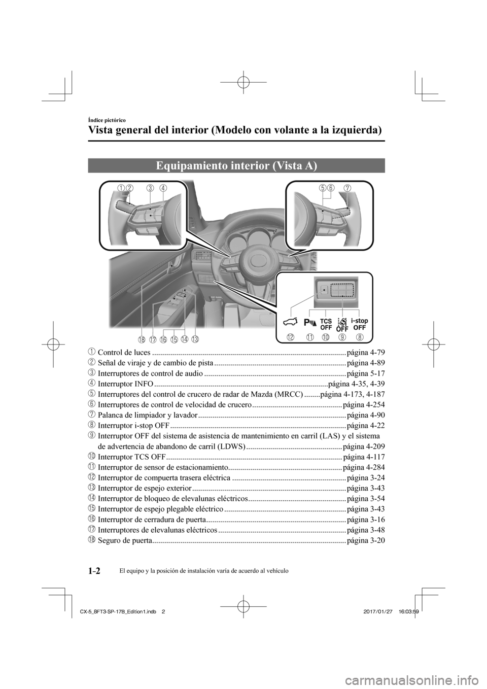 MAZDA MODEL CX-5 2018  Manual del propietario (in Spanish) 1–2
Índice pictórico
Vista general del interior (Modelo con volante a la izquierda)
      Equipamiento  interior  (Vista  A)
    
���
  Control de luces ........................................