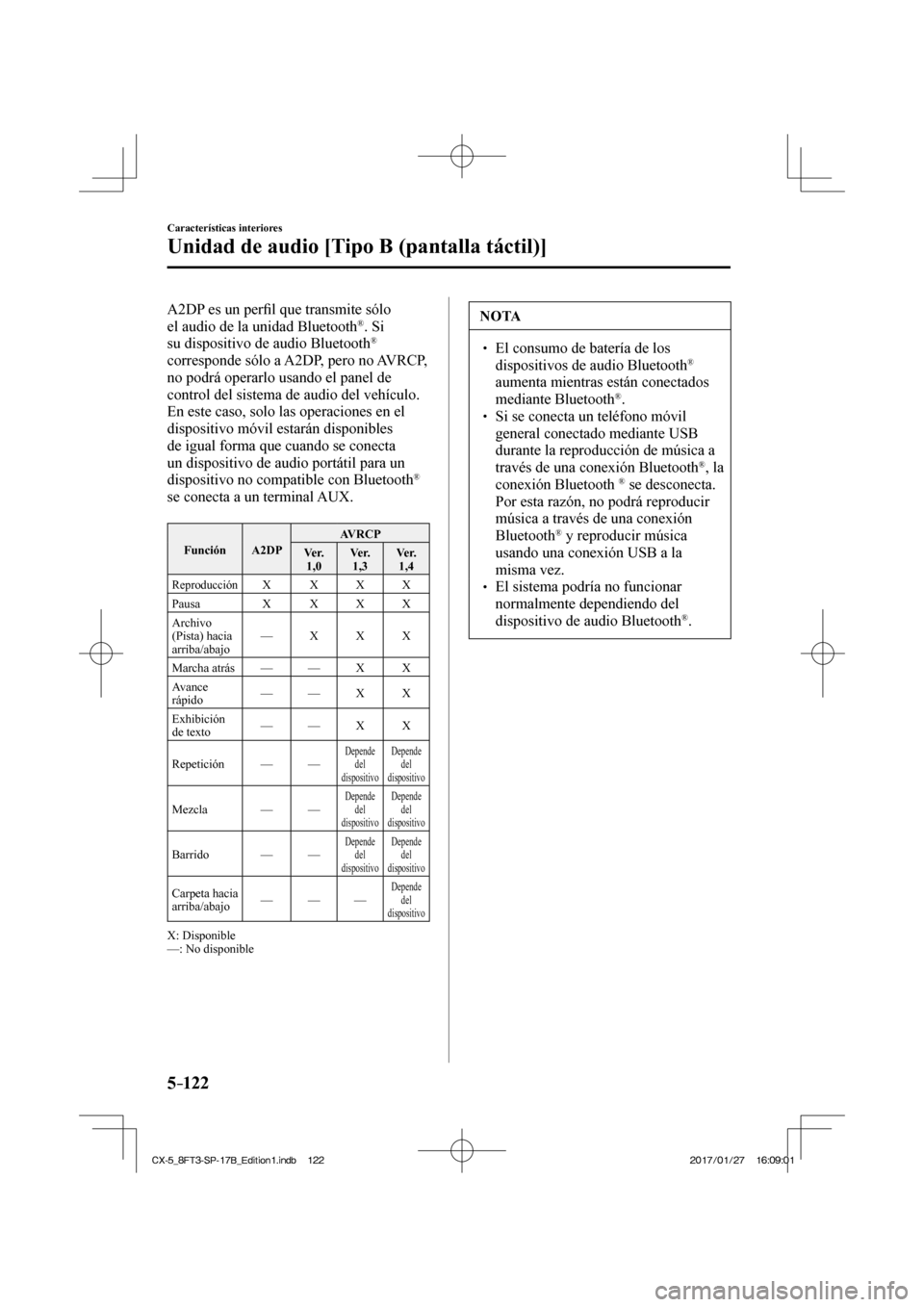 MAZDA MODEL CX-5 2018  Manual del propietario (in Spanish) 5–122
Características interiores
Unidad de audio [Tipo B (pantalla táctil)]
  A2DP es un perﬁ l que transmite sólo 
el audio de la unidad Bluetooth ® .  Si 
su dispositivo de audio Bluetooth 