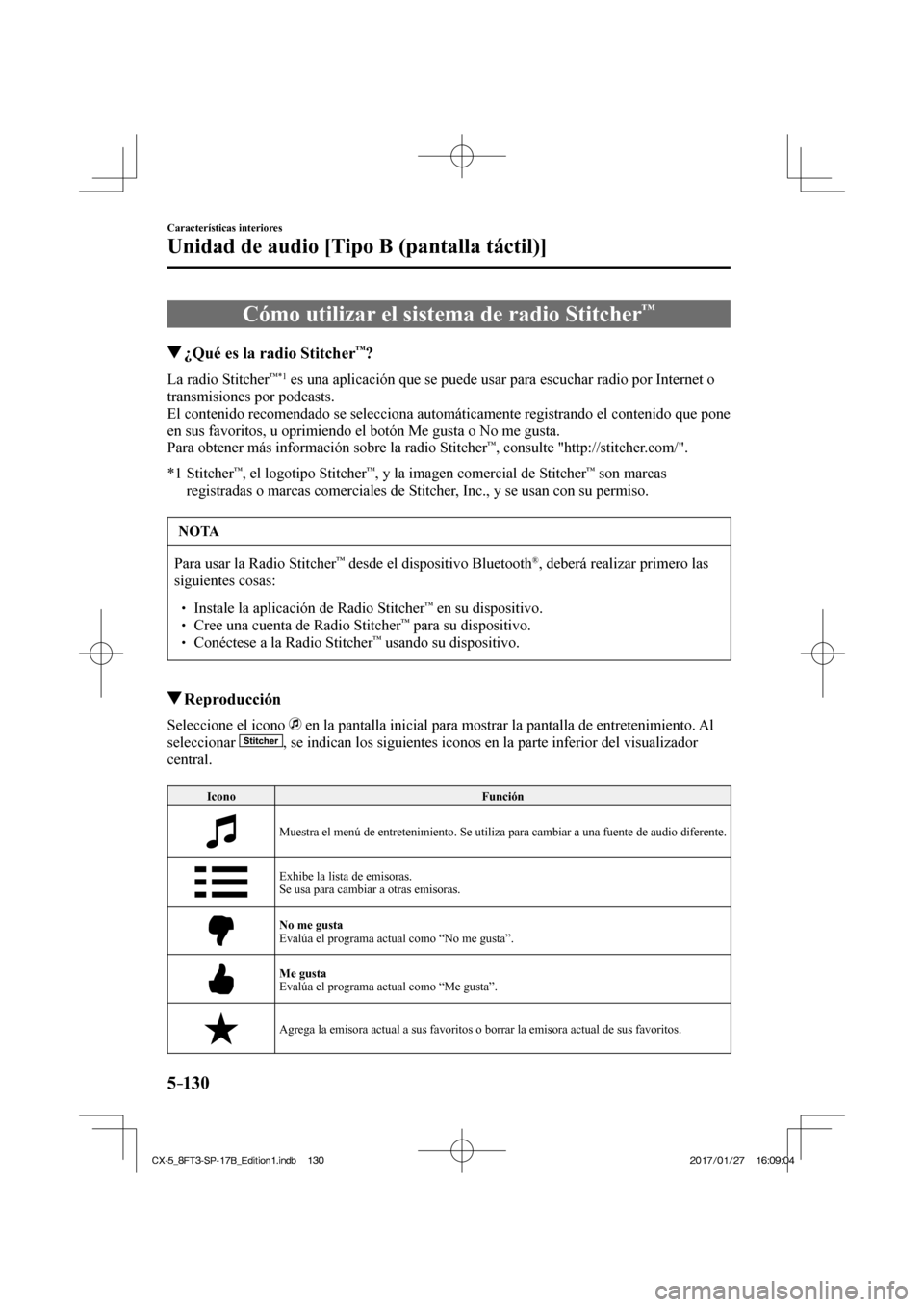 MAZDA MODEL CX-5 2018  Manual del propietario (in Spanish) 5–130
Características interiores
Unidad de audio [Tipo B (pantalla táctil)]
 Cómo utilizar el sistema de radio Stitcher™
       ¿Qué es la radio Stitcher™?
    La  radio  Stitcher™ *1  es