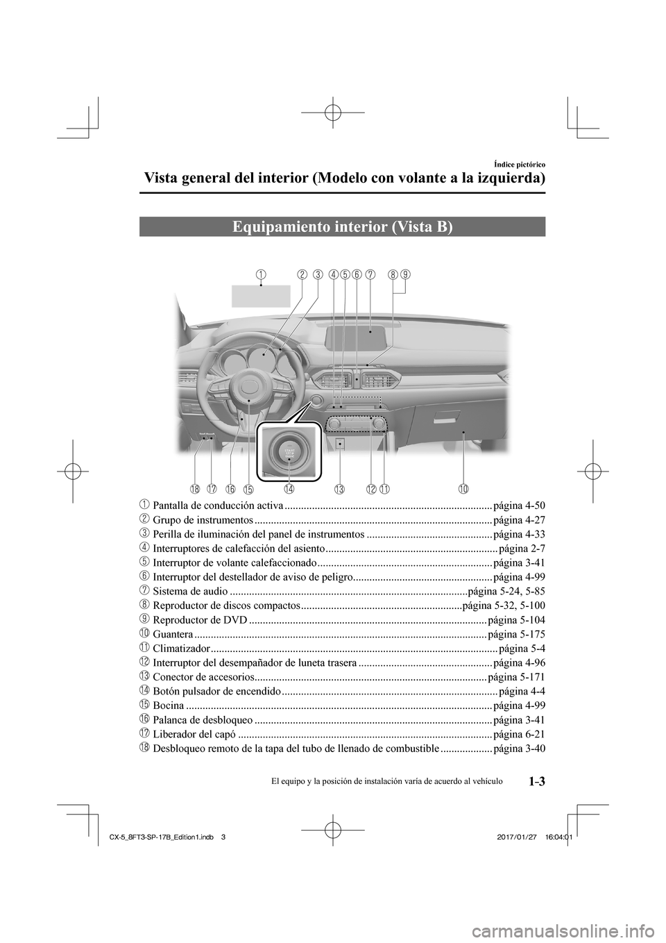 MAZDA MODEL CX-5 2018  Manual del propietario (in Spanish) 1–3
Índice pictórico
Vista general del interior (Modelo con volante a la izquierda)
 Equipamiento interior (Vista B)
    
���
  Pantalla de conducción activa ..................................
