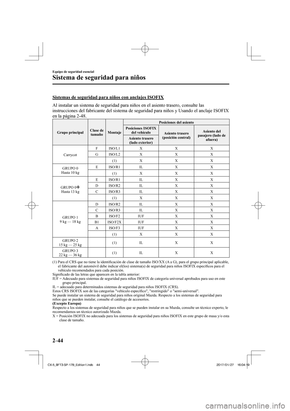 MAZDA MODEL CX-5 2018  Manual del propietario (in Spanish) 2–44
Equipo de seguridad esencial
Sistema de seguridad para niños
  Sistemas de seguridad para niños con anclajes ISOFIX
      Al instalar un sistema de seguridad para niños en el asiento trasero
