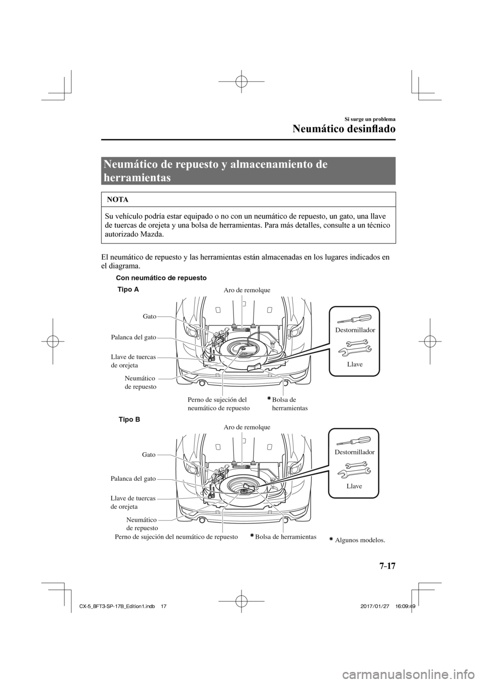 MAZDA MODEL CX-5 2018 Manual del propietario (in Spanish) 7–17
Si surge un problema
Neumático desinfl ado
Neumático de repuesto y almacenamiento de
herramientas
NOTA
Su vehículo podría estar equipado o no con un neumático de MAZDA MODEL CX-5 2018 Manual del propietario (in Spanish) 7–17
Si surge un problema
Neumático desinfl ado
Neumático de repuesto y almacenamiento de
herramientas
NOTA
Su vehículo podría estar equipado o no con un neumático de