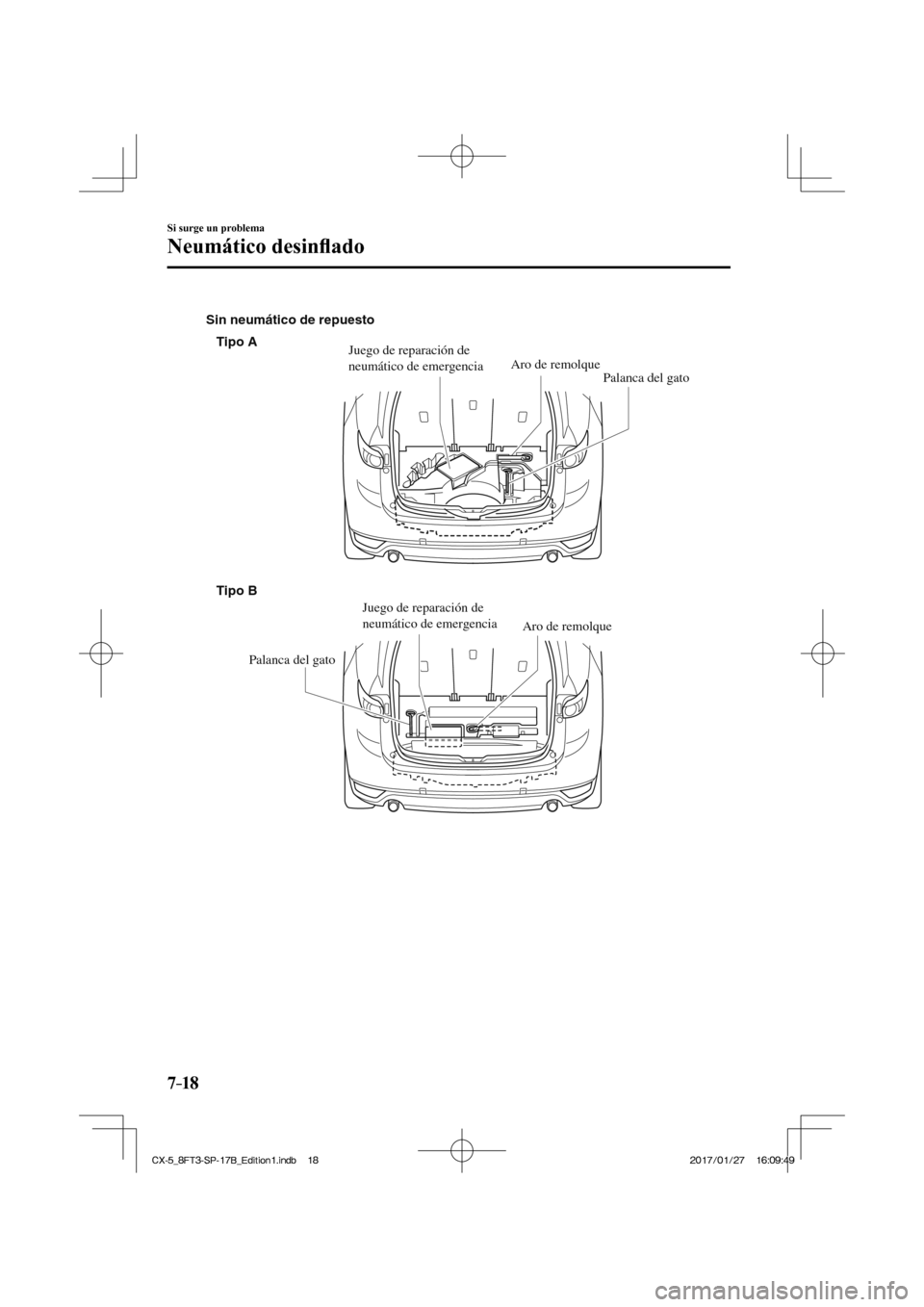 MAZDA MODEL CX-5 2018 Manual del propietario (in Spanish) 7–18
Si surge un problema
Neumático desinfl ado
Tipo A
Tipo B
Sin neumático de repuesto
Palanca del gato
Aro de remolque
Juego de reparación de
neumático de emergencia
Palanca del gato Aro d MAZDA MODEL CX-5 2018 Manual del propietario (in Spanish) 7–18
Si surge un problema
Neumático desinfl ado
Tipo A
Tipo B
Sin neumático de repuesto
Palanca del gato
Aro de remolque
Juego de reparación de
neumático de emergencia
Palanca del gato Aro d
