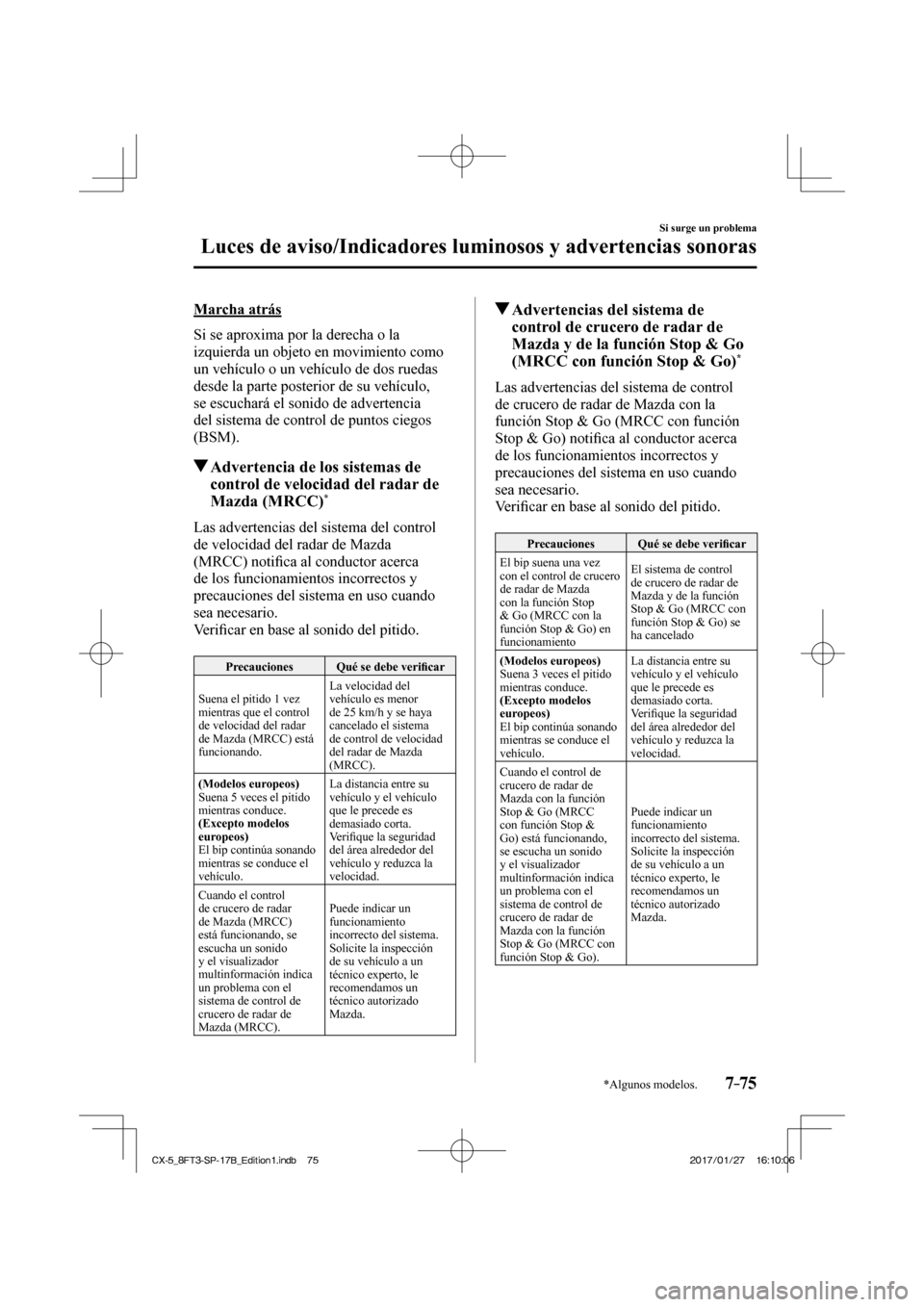 MAZDA MODEL CX-5 2018  Manual del propietario (in Spanish) 7–75
Si surge un problema
Luces de aviso/Indicadores luminosos y advertencias sonoras
*Algunos modelos.
  Marcha  atrás
    Si se aproxima por la derecha o la 
izquierda un objeto en movimiento com