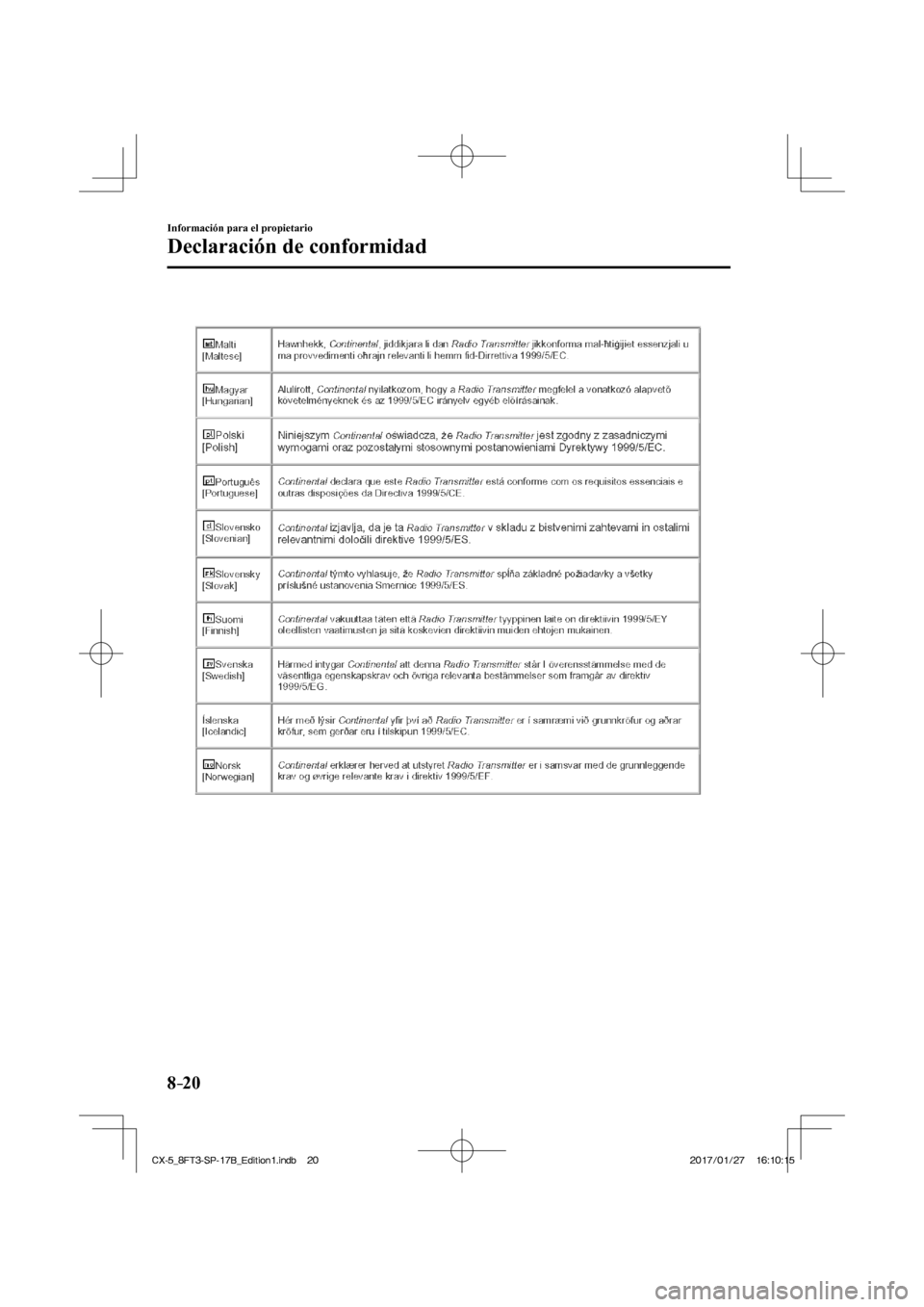 MAZDA MODEL CX-5 2018 Manual del propietario (in Spanish) 8–20
Información para el propietario
Declaración de conformidad
CX-5_8FT3-SP-17B_Edition1.indb 20
CX-5_8FT3-SP-17B_Edition1.indb 202017/01/27 16:10:15
2017/01/27 16:10:15 MAZDA MODEL CX-5 2018 Manual del propietario (in Spanish) 8–20
Información para el propietario
Declaración de conformidad
CX-5_8FT3-SP-17B_Edition1.indb 20
CX-5_8FT3-SP-17B_Edition1.indb 202017/01/27 16:10:15
2017/01/27 16:10:15