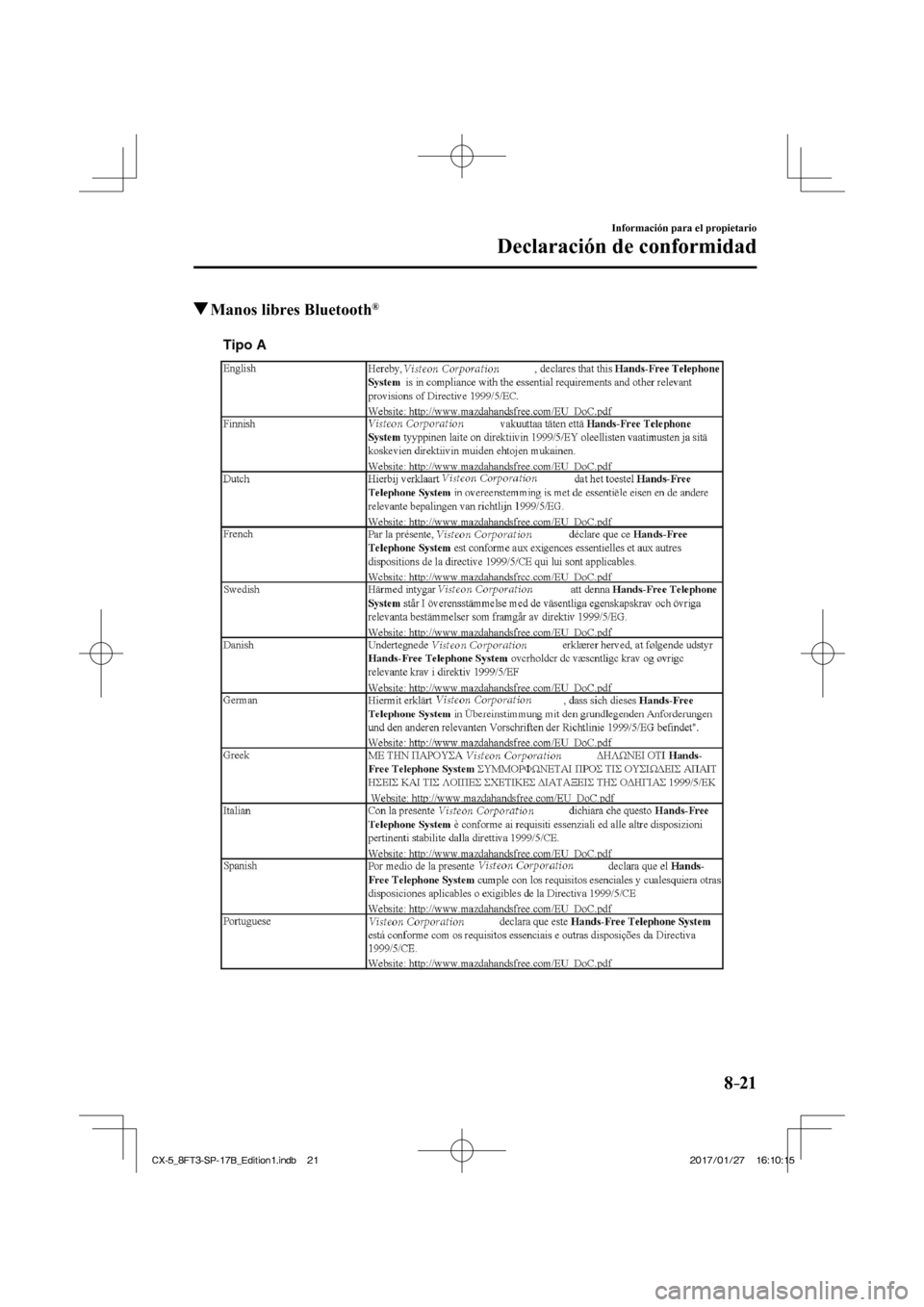 MAZDA MODEL CX-5 2018 Manual del propietario (in Spanish) 8–21
Información para el propietario
Declaración de conformidad
Manos libres Bluetooth ®
Tipo A
CX-5_8FT3-SP-17B_Edition1.indb 21
CX-5_8FT3-SP-17B_Edition1.indb 212017/01/27 MAZDA MODEL CX-5 2018 Manual del propietario (in Spanish) 8–21
Información para el propietario
Declaración de conformidad
Manos libres Bluetooth ®
Tipo A
CX-5_8FT3-SP-17B_Edition1.indb 21
CX-5_8FT3-SP-17B_Edition1.indb 212017/01/27