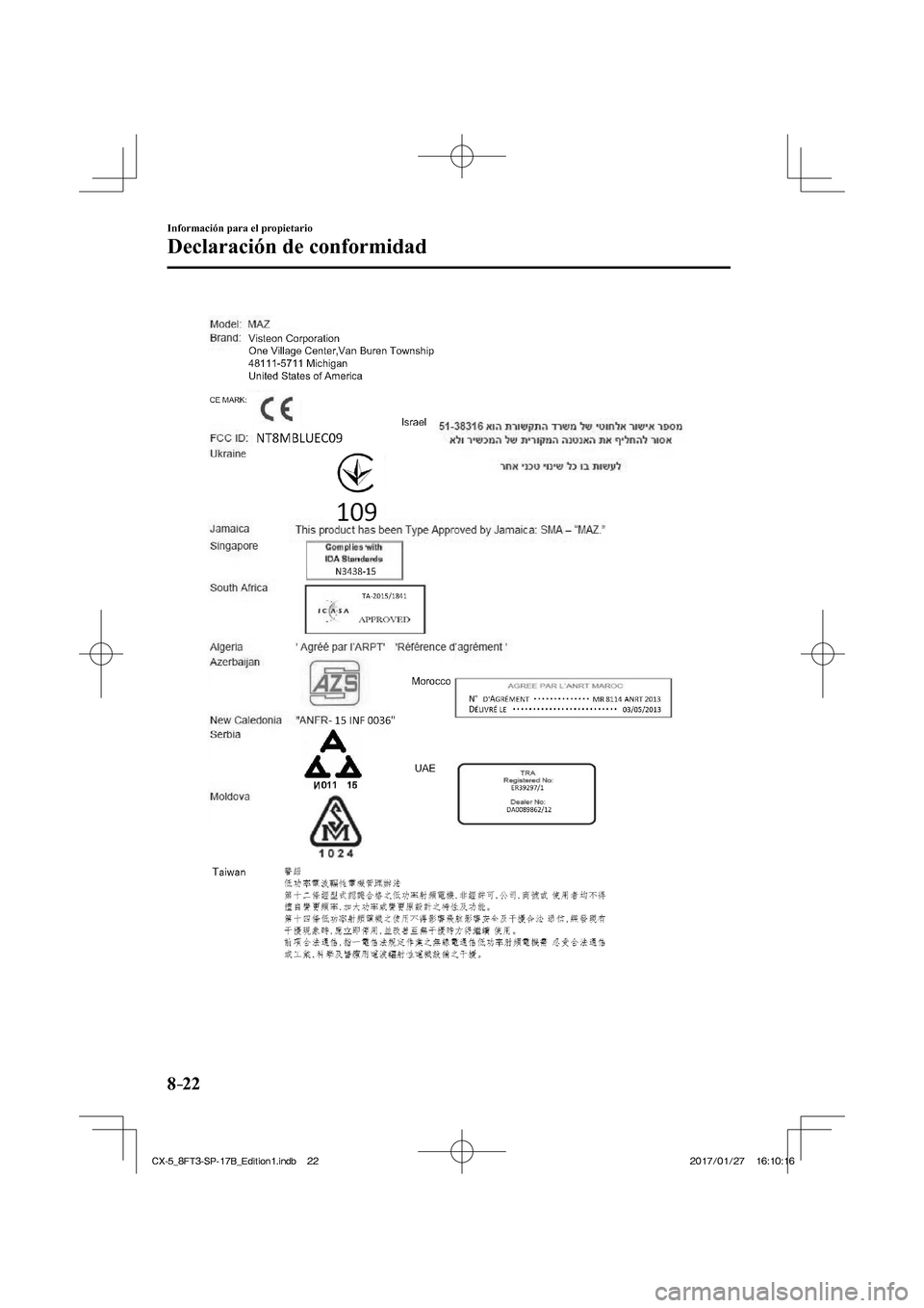 MAZDA MODEL CX-5 2018 Manual del propietario (in Spanish) 8–22
Información para el propietario
Declaración de conformidad
CX-5_8FT3-SP-17B_Edition1.indb 22
CX-5_8FT3-SP-17B_Edition1.indb 222017/01/27 16:10:16
2017/01/27 16:10:16 MAZDA MODEL CX-5 2018 Manual del propietario (in Spanish) 8–22
Información para el propietario
Declaración de conformidad
CX-5_8FT3-SP-17B_Edition1.indb 22
CX-5_8FT3-SP-17B_Edition1.indb 222017/01/27 16:10:16
2017/01/27 16:10:16