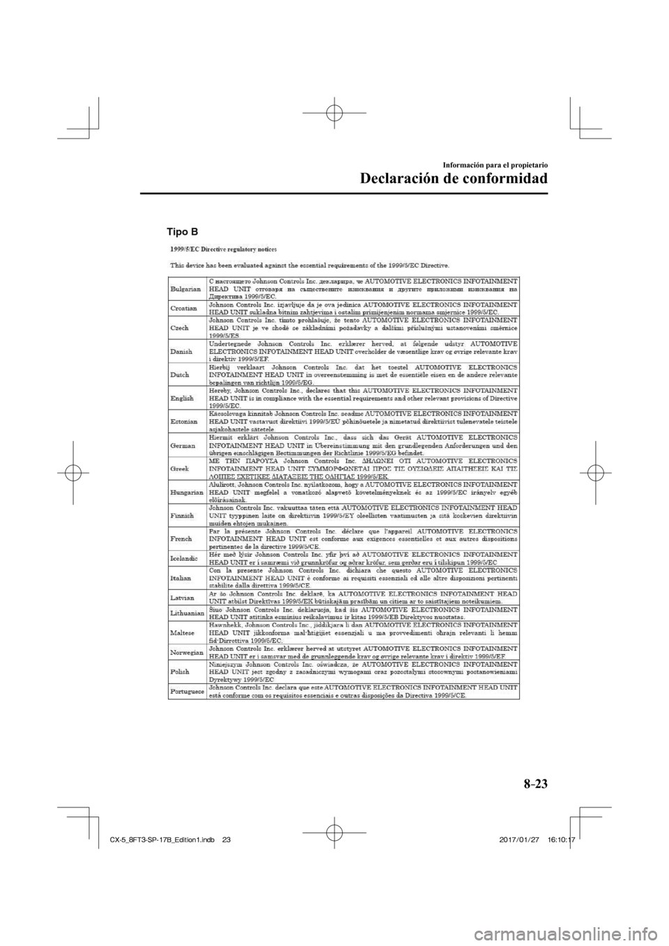 MAZDA MODEL CX-5 2018 Manual del propietario (in Spanish) 8–23
Información para el propietario
Declaración de conformidad
Tipo B
CX-5_8FT3-SP-17B_Edition1.indb 23
CX-5_8FT3-SP-17B_Edition1.indb 232017/01/27 16:10:17
2017/01/27 16:10:17 MAZDA MODEL CX-5 2018 Manual del propietario (in Spanish) 8–23
Información para el propietario
Declaración de conformidad
Tipo B
CX-5_8FT3-SP-17B_Edition1.indb 23
CX-5_8FT3-SP-17B_Edition1.indb 232017/01/27 16:10:17
2017/01/27 16:10:17