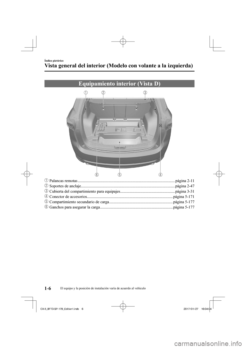 MAZDA MODEL CX-5 2018  Manual del propietario (in Spanish) 1–6
Índice pictórico
Vista general del interior (Modelo con volante a la izquierda)
 Equipamiento interior (Vista D)
    
���
  Palancas remotas ................................................