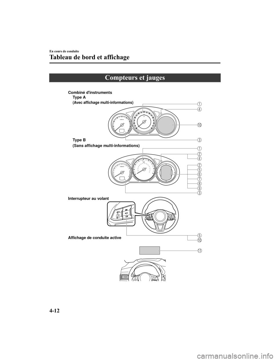 MAZDA MODEL CX-5 2018  Manuel du propriétaire (in French) Compteurs et jauges
 
Interrupteur au volant
Affichage de conduite active
Type A
(Avec affichage multi-informations)
(Sans affichage multi-informations)
Combiné dinstruments
Type B
En cours de condu