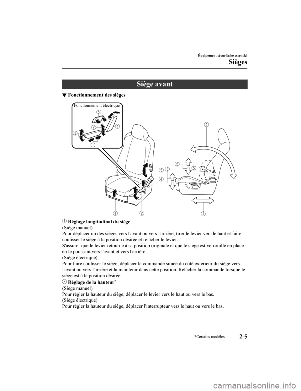 MAZDA MODEL CX-5 2018  Manuel du propriétaire (in French) Siège avant
▼Fonctionnement des sièges
Fonctionnement électrique
 Réglage longitudinal du siège
(Siège manuel)
Pour déplacer un des sièges vers lavant ou vers larrière, tir er le levier v
