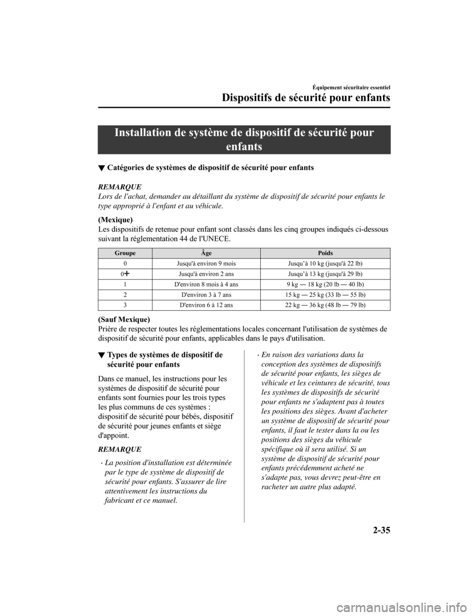 MAZDA MODEL CX-5 2018 Manuel du propriétaire (in French) Installation de système de dispositif de sécurité pour
enfants
▼ Catégories de systèmes de dispo
sitif de sécurité pour enfants
REMARQUE
Lors de lachat, demander au détaillant du système d MAZDA MODEL CX-5 2018 Manuel du propriétaire (in French) Installation de système de dispositif de sécurité pour
enfants
▼ Catégories de systèmes de dispo
sitif de sécurité pour enfants
REMARQUE
Lors de lachat, demander au détaillant du système d