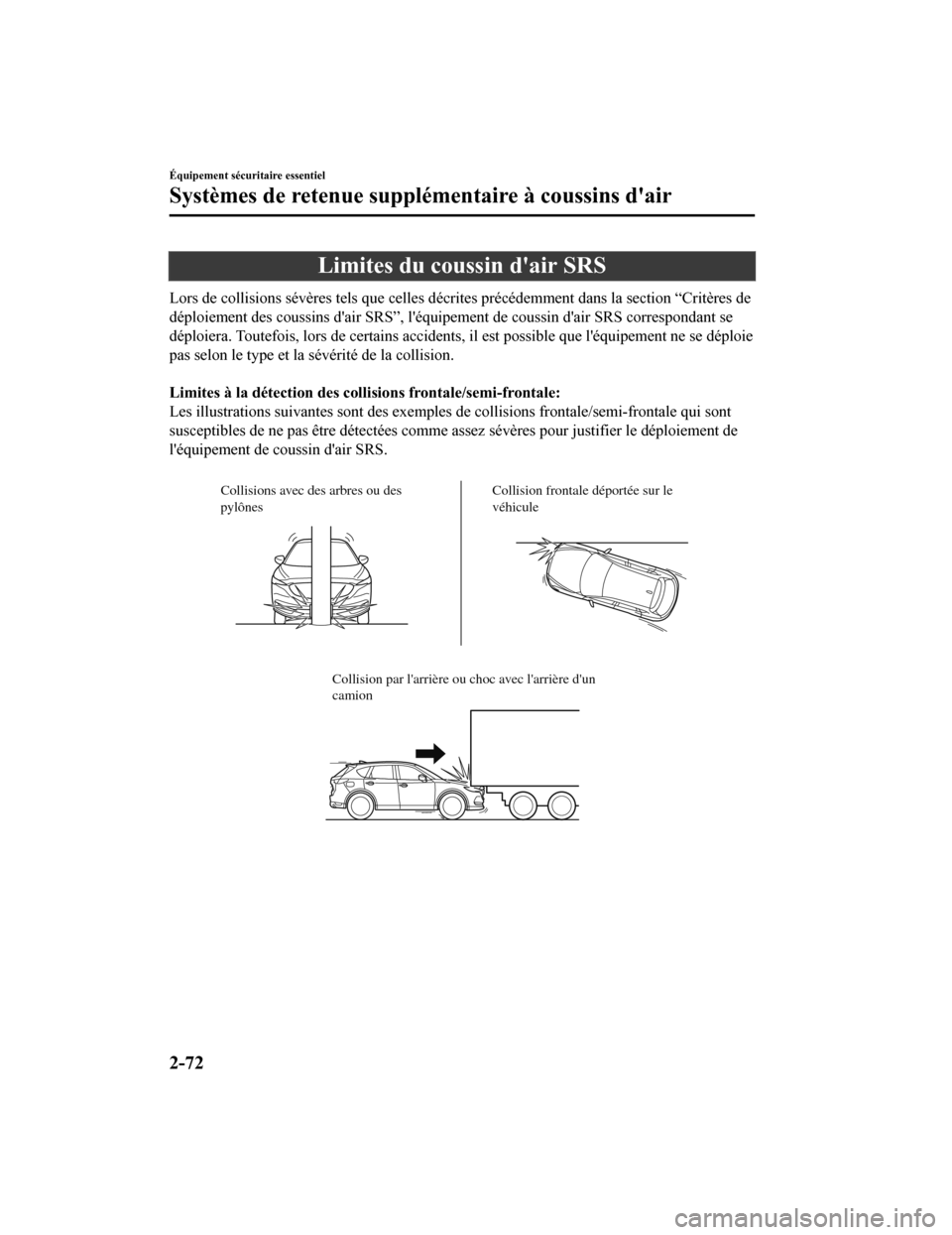 MAZDA MODEL CX-5 2018  Manuel du propriétaire (in French) Limites du coussin dair SRS
Lors de collisions sévères tels que celles décrites précédemment dans la section “Critères de
déploiement des coussins dair SRS”, léquipement de coussin dai