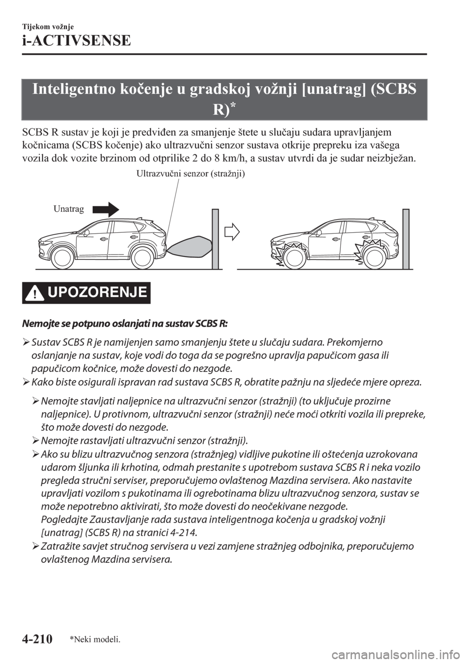 MAZDA MODEL CX-5 2018  Upute za uporabu (in Crotian) Inteligentno ko�þenje u gradskoj vožnji [unatrag] (SCBS
R)
*
SCBS R sustav je koji je predvi�ÿen za smanjenje štete u slu�þaju sudara upravljanjem
ko�þnicama (SCBS ko�þenje) ako ultrazvu�þni s