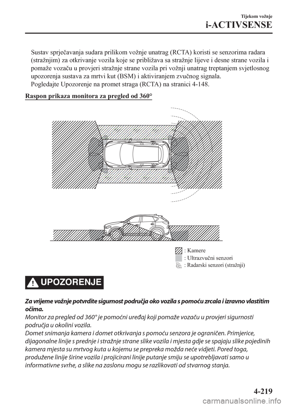 MAZDA MODEL CX-5 2018  Upute za uporabu (in Crotian) Sustav sprje�þavanja sudara prilikom vožnje unatrag (RCTA) koristi se senzorima radara
(stražnjim) za otkrivanje vozila koje se približava sa stražnje lijeve i desne strane vozila i
pomaže voza�