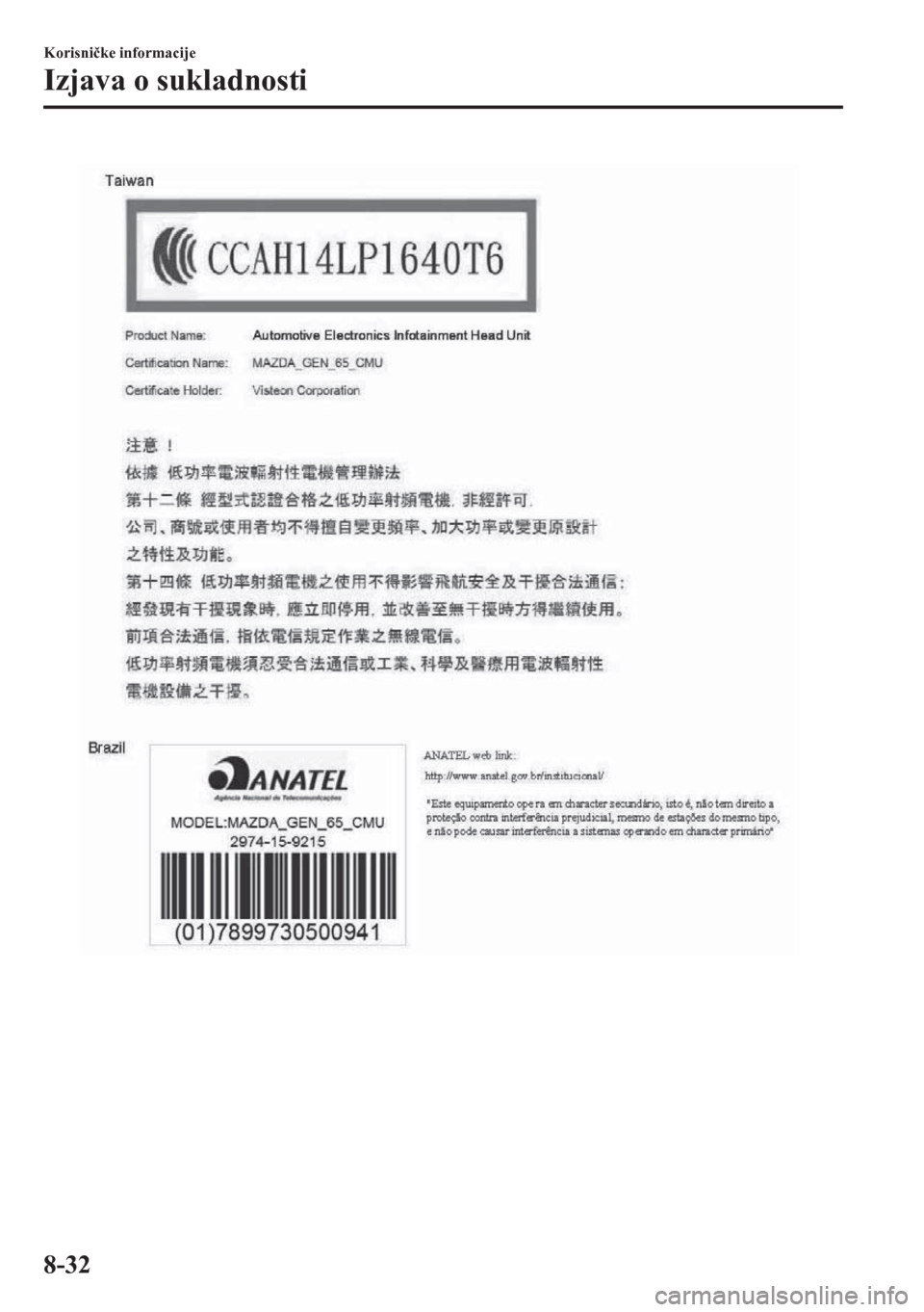 MAZDA MODEL CX-5 2018  Upute za uporabu (in Crotian) Korisni�þke informacije
Izjava o sukladnosti
8-32 