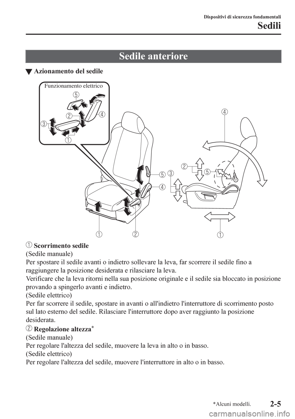 MAZDA MODEL CX-5 2018  Manuale del proprietario (in Italian) Sedile anteriore
tAzionamento del sedile
Funzionamento elettrico
 Scorrimento sedile
(Sedile manuale)
Per spostare il sedile avanti o indietro sollevare la leva, far scorrere il sedile fino a
raggiung