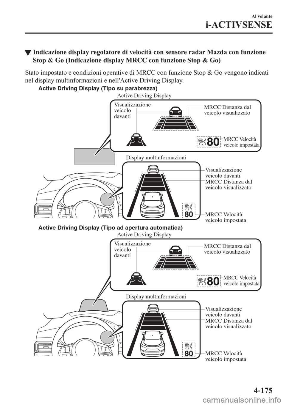 MAZDA MODEL CX-5 2018  Manuale del proprietario (in Italian) tIndicazione display regolatore di velocità con sensore radar Mazda con funzione
Stop & Go (Indicazione display MRCC con funzione Stop & Go)
Stato impostato e condizioni operative di MRCC con funzion