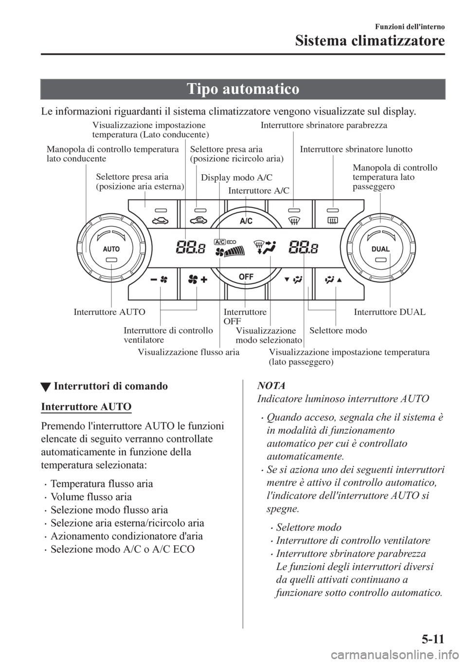 MAZDA MODEL CX-5 2018 Manuale del proprietario (in Italian) Tipo automatico
Le informazioni riguardanti il sistema climatizzatore vengono visualizzate sul display.
Visualizzazione flusso aria Visualizzazione impostazione
temperatura (Lato conducente)
Visualiz MAZDA MODEL CX-5 2018 Manuale del proprietario (in Italian) Tipo automatico
Le informazioni riguardanti il sistema climatizzatore vengono visualizzate sul display.
Visualizzazione flusso aria Visualizzazione impostazione
temperatura (Lato conducente)
Visualiz