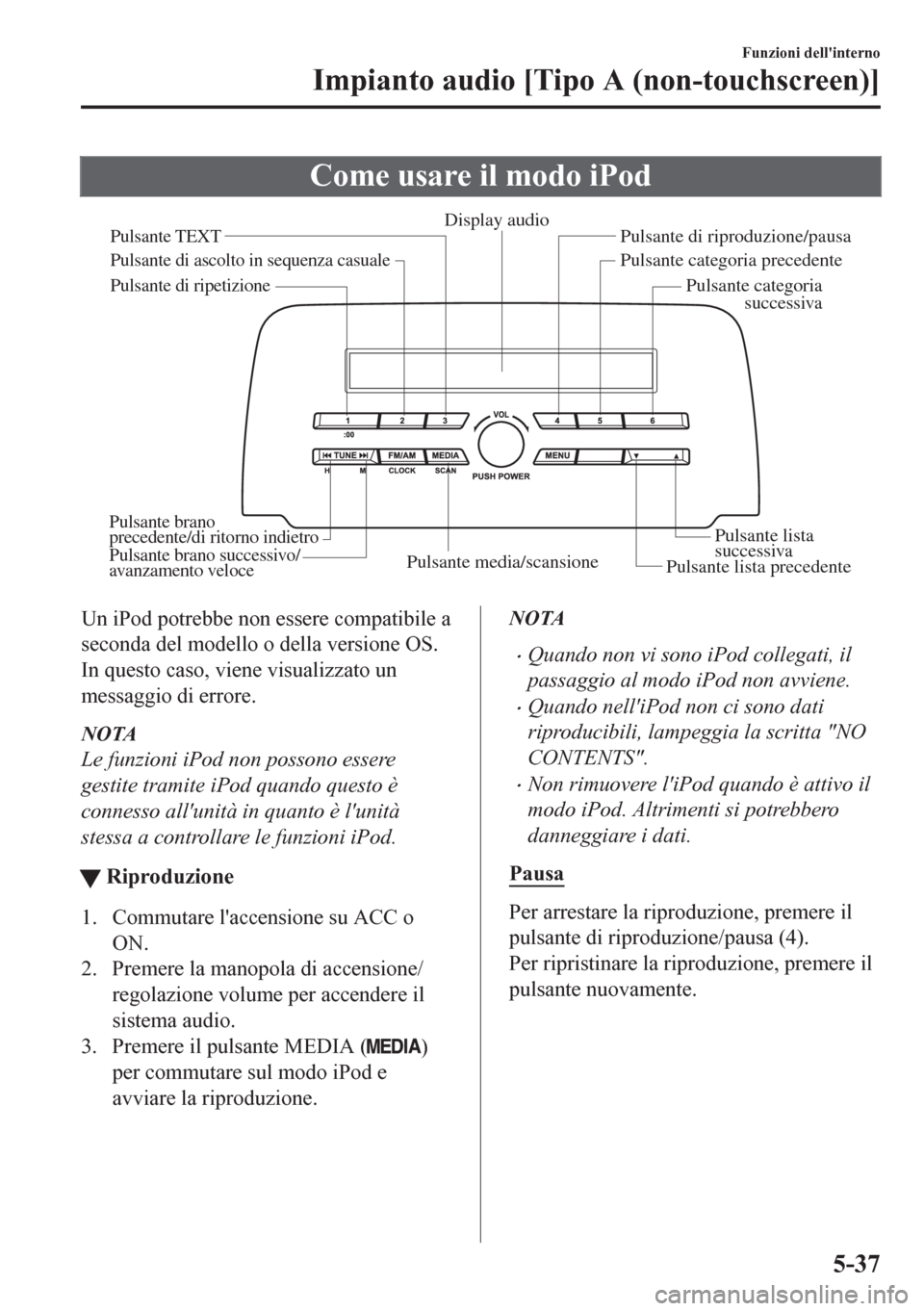 MAZDA MODEL CX-5 2018  Manuale del proprietario (in Italian) Come usare il modo iPod
Pulsante media/scansione
Pulsante lista precedentePulsante lista 
successiva Pulsante di riproduzione/pausa
Pulsante di ascolto in sequenza casuale
Pulsante di ripetizione
Disp