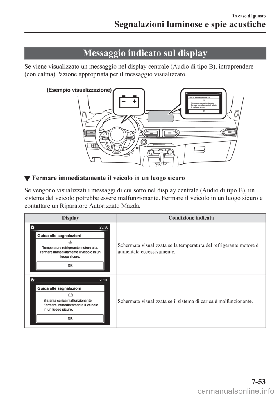 MAZDA MODEL CX-5 2018 Manuale del proprietario (in Italian) Messaggio indicato sul display
Se viene visualizzato un messaggio nel display centrale (Audio di tipo B), intraprendere
(con calma) lazione appropriata per il messaggio visualizzato.
(Esempio visua MAZDA MODEL CX-5 2018 Manuale del proprietario (in Italian) Messaggio indicato sul display
Se viene visualizzato un messaggio nel display centrale (Audio di tipo B), intraprendere
(con calma) lazione appropriata per il messaggio visualizzato.
(Esempio visua