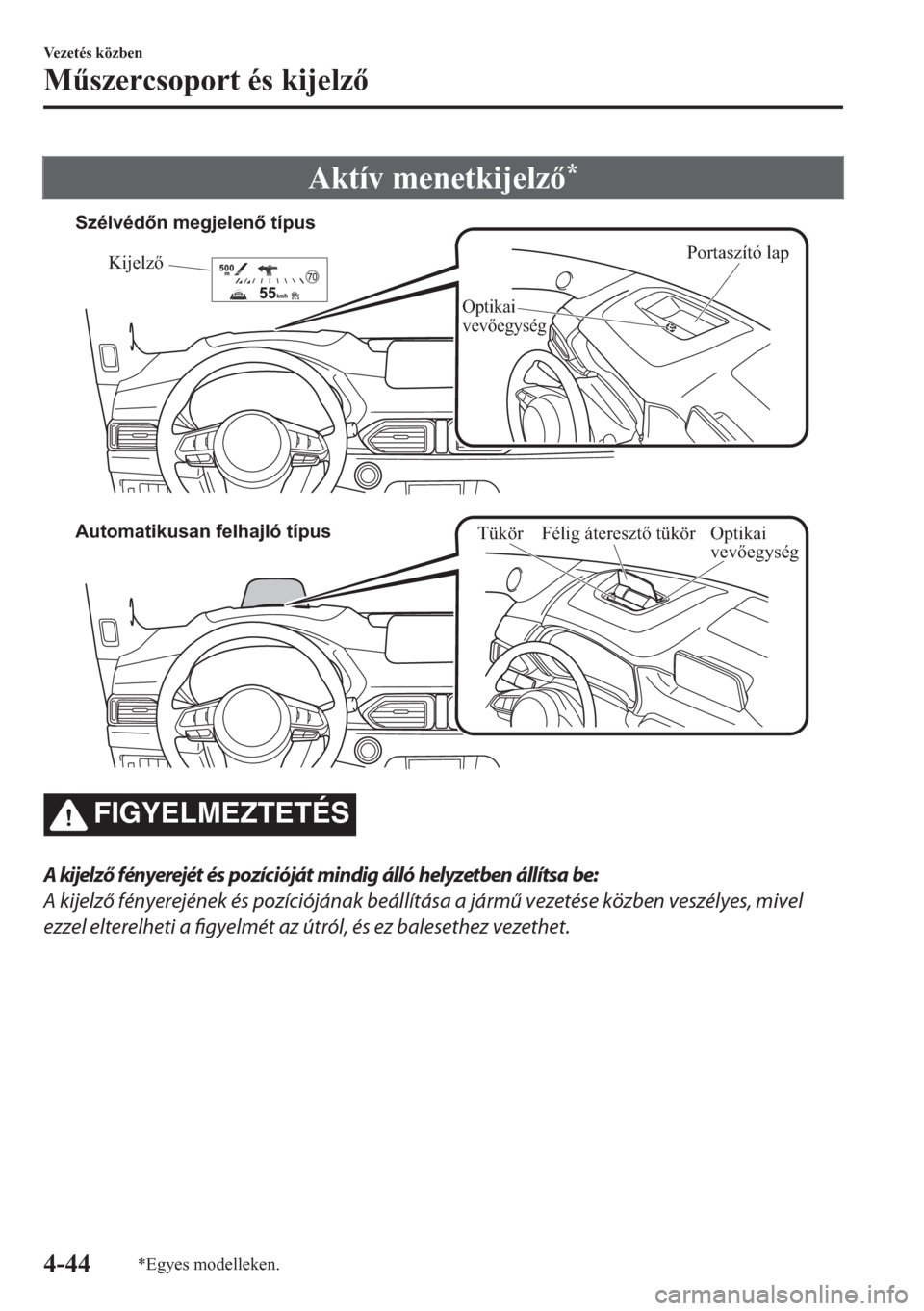 MAZDA MODEL CX-5 2018  Kezelési útmutató (in Hungarian) Aktív menetkijelz*
Portaszító lap
Kijelző
Optikai 
vevőegység
Szélvédőn megjelenő típus
Automatikusan felhajló típus
Félig áteresztő tükör Optikai 
vevőegység
Tükör
FIGYELMEZTE