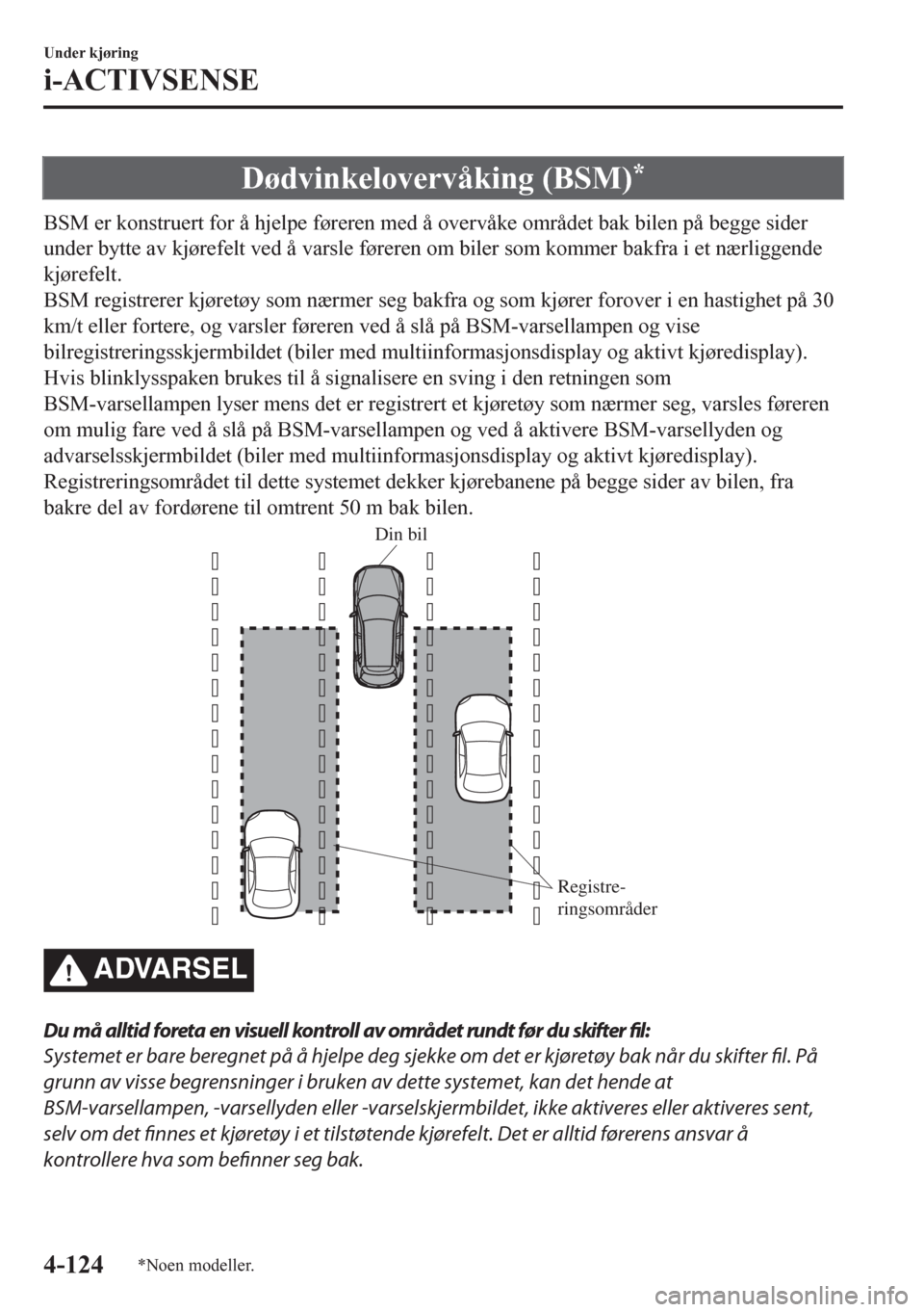 MAZDA MODEL CX-5 2018  Brukerhåndbok (in Norwegian) Dødvinkelovervåking (BSM)*
BSM er konstruert for å hjelpe føreren med å overvåke området bak bilen på begge sider
under bytte av kjørefelt ved å varsle føreren om biler som kommer bakfra i 