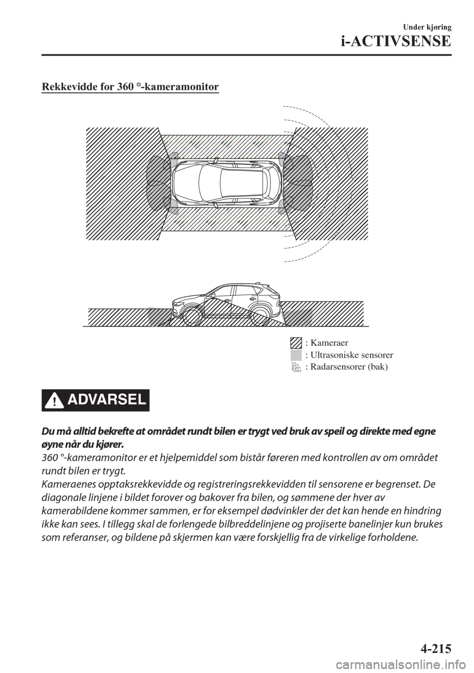 MAZDA MODEL CX-5 2018 Brukerhåndbok (in Norwegian) Rekkevidde for 360 °-kameramonitor
: Kameraer
: Ultrasoniske sensorer
: Radarsensorer (bak)
ADVARSEL
Du må alltid bekrefte at området rundt bilen er trygt ved bruk av speil og direkte med egne
øyn MAZDA MODEL CX-5 2018 Brukerhåndbok (in Norwegian) Rekkevidde for 360 °-kameramonitor
: Kameraer
: Ultrasoniske sensorer
: Radarsensorer (bak)
ADVARSEL
Du må alltid bekrefte at området rundt bilen er trygt ved bruk av speil og direkte med egne
øyn
