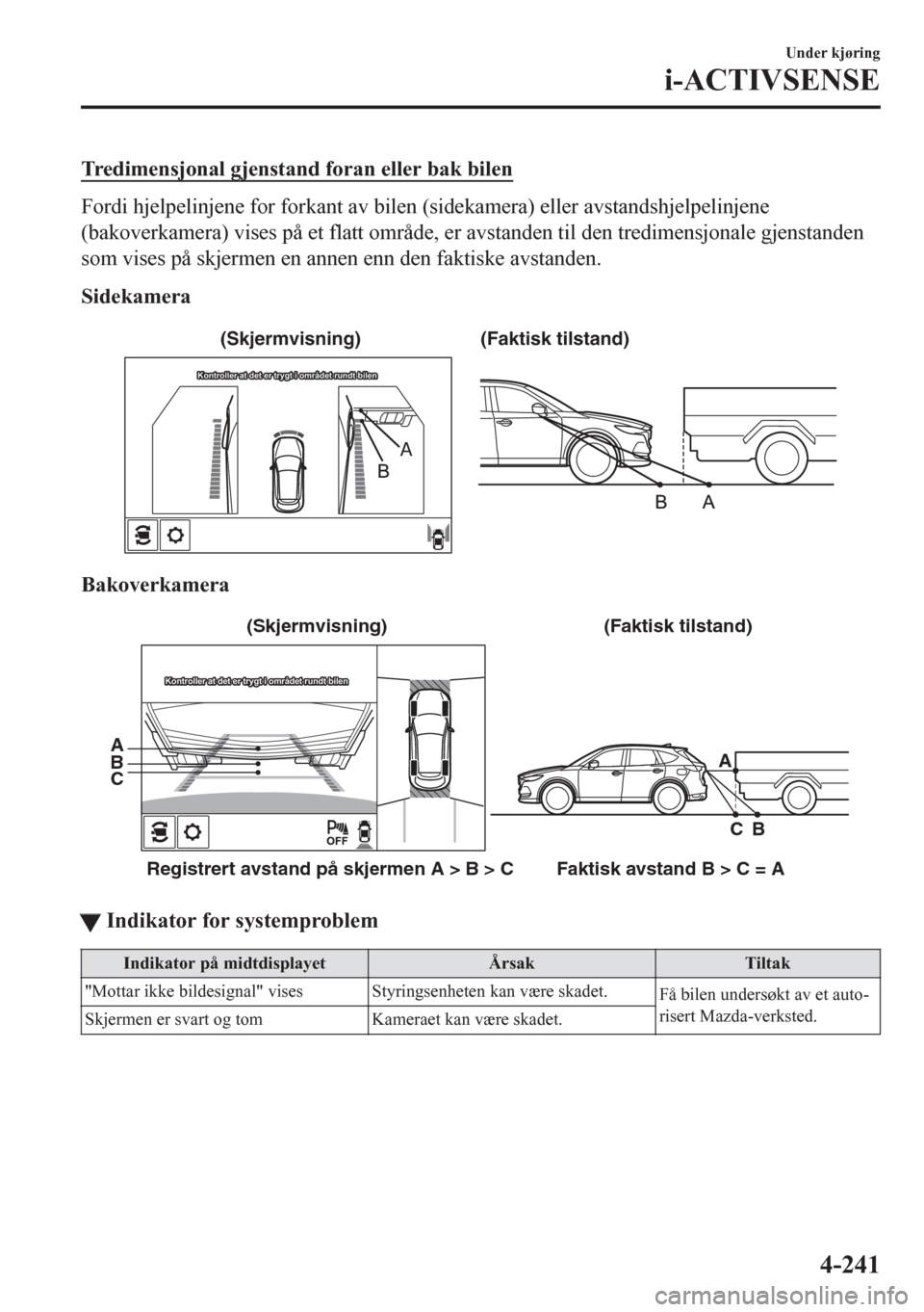MAZDA MODEL CX-5 2018  Brukerhåndbok (in Norwegian) Tredimensjonal gjenstand foran eller bak bilen
Fordi hjelpelinjene for forkant av bilen (sidekamera) eller avstandshjelpelinjene
(bakoverkamera) vises på et flatt område, er avstanden til den tredim
