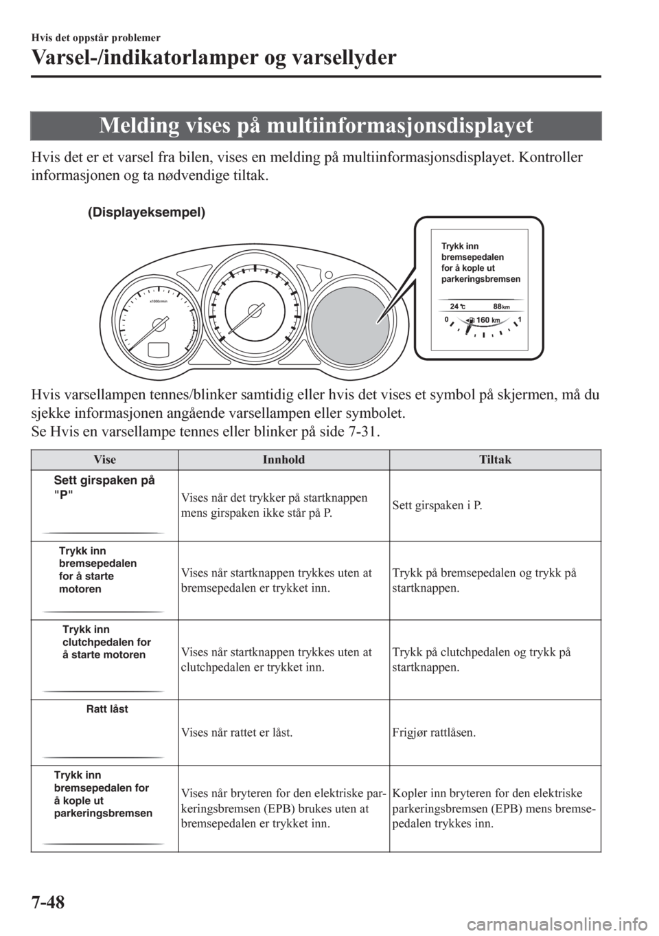 MAZDA MODEL CX-5 2018  Brukerhåndbok (in Norwegian) Melding vises på multiinformasjonsdisplayet
Hvis det er et varsel fra bilen, vises en melding på multiinformasjonsdisplayet. Kontroller
informasjonen og ta nødvendige tiltak.
 
(Displayeksempel)
Tr