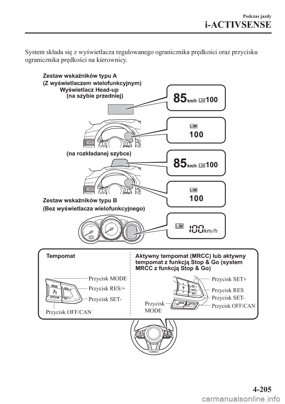 MAZDA MODEL CX-5 2018  Instrukcja Obsługi (in Polish) System sk�áada si
 z wywietlacza regulowanego ogranicznika pr
dkoci oraz przycisku
ogranicznika pr
dkoci na kierownicy.
 
 Tempomat
Przycisk MODE
Przycisk RES/+
Przycisk SET-
Przycisk OFF/CA