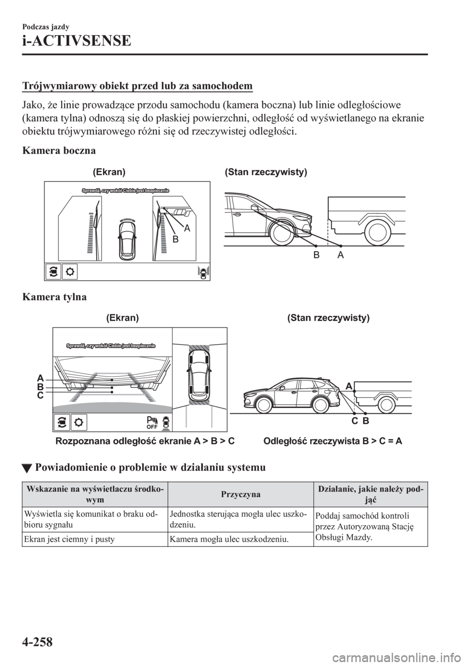 MAZDA MODEL CX-5 2018  Instrukcja Obsługi (in Polish) Trójwymiarowy obiekt przed lub za samochodem
Jako, *e linie prowadzce przodu samochodu (kamera boczna) lub linie odleg�áociowe
(kamera tylna) odnosz si
 do p�áaskiej powierzchni, odleg�áo