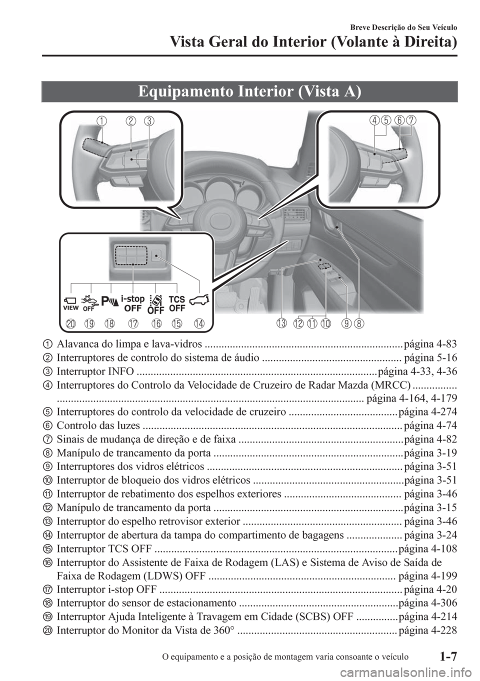 MAZDA MODEL CX-5 2018  Manual do proprietário (in Portuguese) Equipamento Interior (Vista A)
pAlavanca do limpa e lava-vidros ....................................................................... página 4-83
qInterruptores de controlo do sistema de áudio .