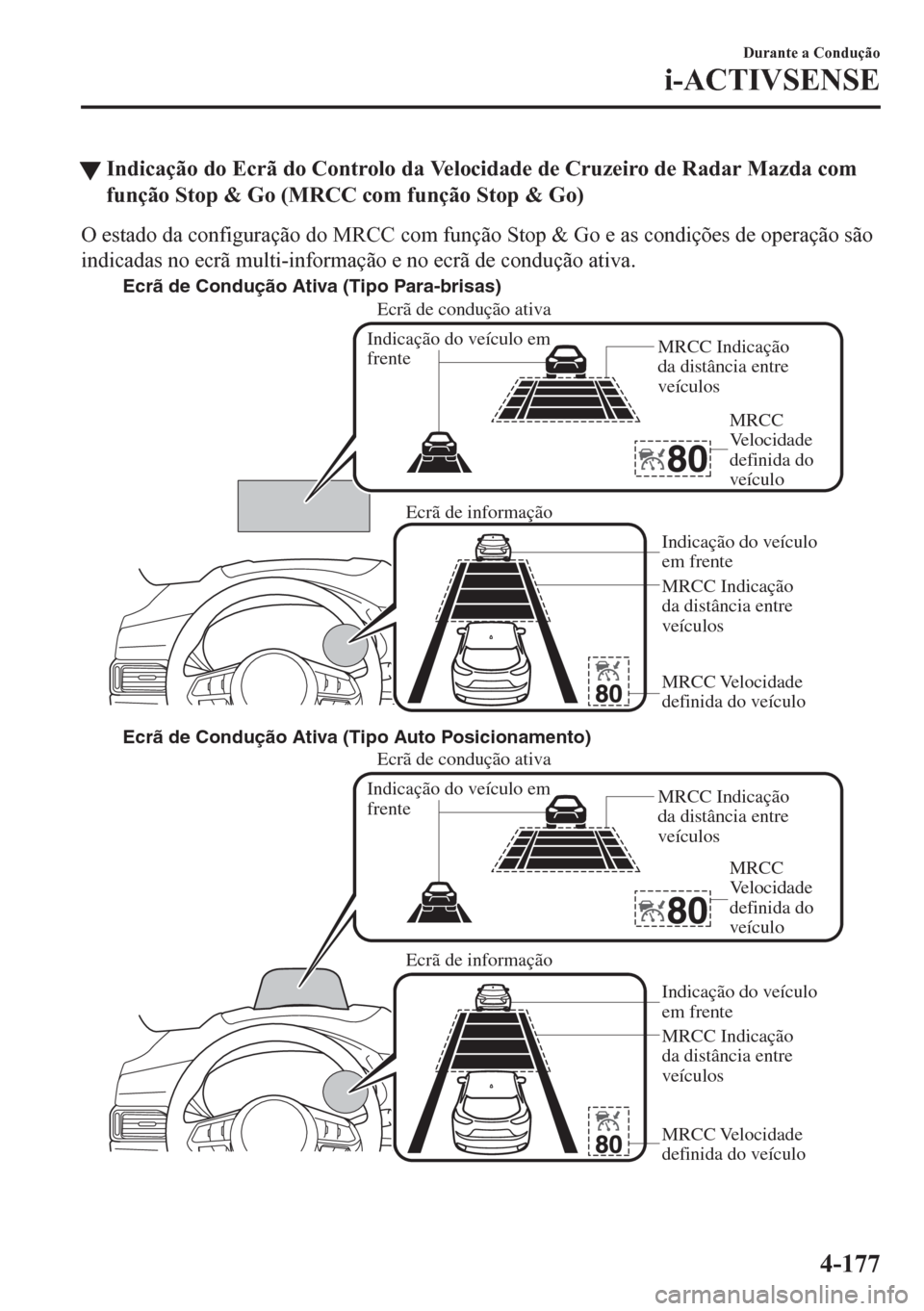 MAZDA MODEL CX-5 2018  Manual do proprietário (in Portuguese) tIndicação do Ecrã do Controlo da Velocidade de Cruzeiro de Radar Mazda com
função Stop & Go (MRCC com função Stop & Go)
O estado da configuração do MRCC com função Stop & Go e as condiçõ