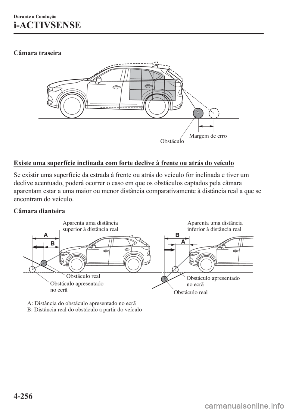 MAZDA MODEL CX-5 2018  Manual do proprietário (in Portuguese) Câmara traseira
ObstáculoMargem de erro
Existe uma superfície inclinada com forte declive à frente ou atrás do veículo
Se existir uma superfície da estrada à frente ou atrás do veículo for i