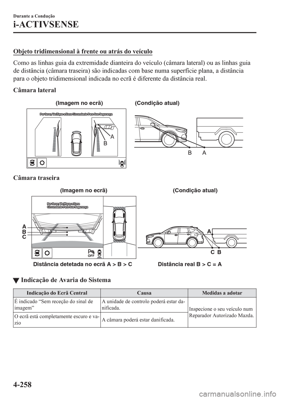 MAZDA MODEL CX-5 2018 Manual do proprietário (in Portuguese) Objeto tridimensional à frente ou atrás do veículo
Como as linhas guia da extremidade dianteira do veículo (câmara lateral) ou as linhas guia
de distância (câmara traseira) são indicadas com b MAZDA MODEL CX-5 2018 Manual do proprietário (in Portuguese) Objeto tridimensional à frente ou atrás do veículo
Como as linhas guia da extremidade dianteira do veículo (câmara lateral) ou as linhas guia
de distância (câmara traseira) são indicadas com b