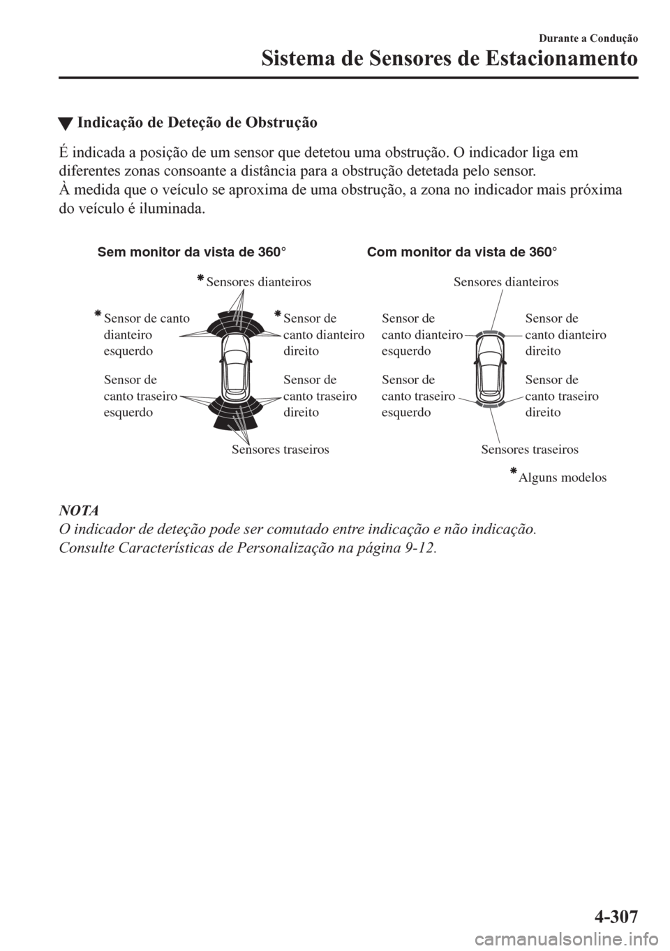 MAZDA MODEL CX-5 2018 Manual do proprietário (in Portuguese) tIndicação de Deteção de Obstrução
É indicada a posição de um sensor que detetou uma obstrução. O indicador liga em
diferentes zonas consoante a distância para a obstrução detetada pelo MAZDA MODEL CX-5 2018 Manual do proprietário (in Portuguese) tIndicação de Deteção de Obstrução
É indicada a posição de um sensor que detetou uma obstrução. O indicador liga em
diferentes zonas consoante a distância para a obstrução detetada pelo