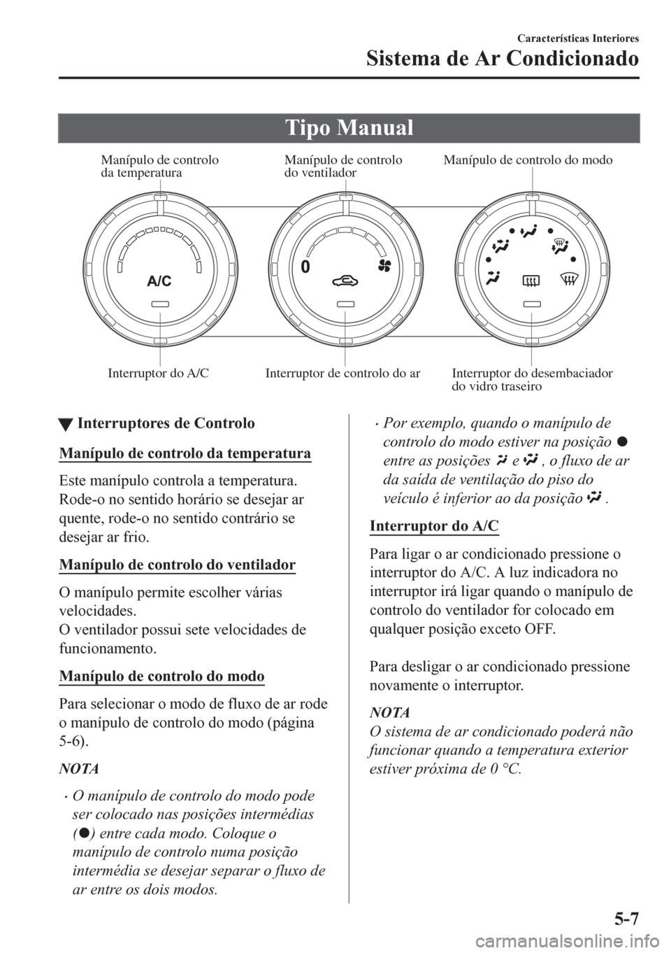 MAZDA MODEL CX-5 2018 Manual do proprietário (in Portuguese) Tipo Manual
Manípulo de controlo
da temperatura Manípulo de controlo
do ventiladorManípulo de controlo do modo
Interruptor do A/C Interruptor de controlo do ar Interruptor do desembaciador
do vi MAZDA MODEL CX-5 2018 Manual do proprietário (in Portuguese) Tipo Manual
Manípulo de controlo
da temperatura Manípulo de controlo
do ventiladorManípulo de controlo do modo
Interruptor do A/C Interruptor de controlo do ar Interruptor do desembaciador
do vi
